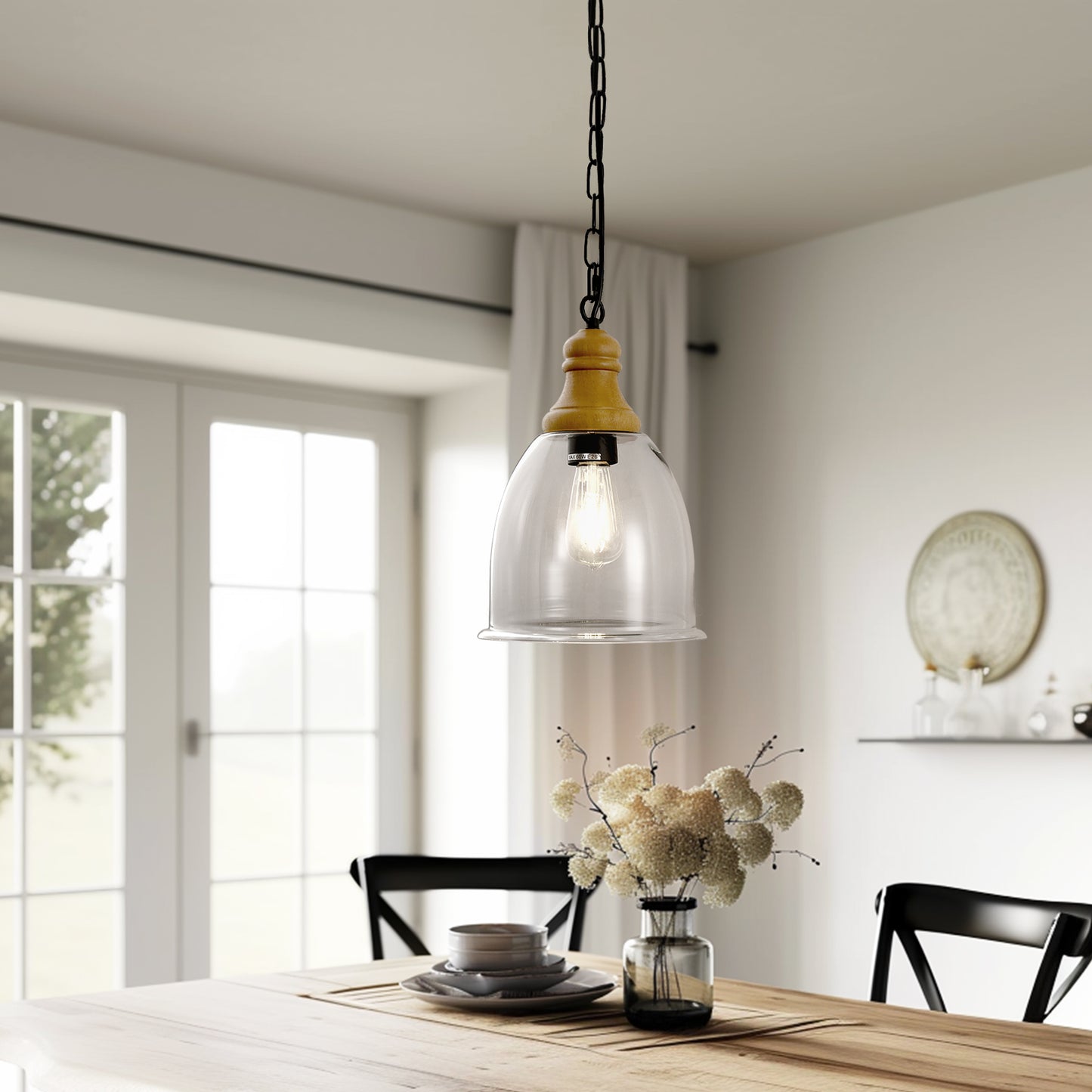 Farmhouse 1-Light Wood Grain Pendant with Large Clear Glass Shade, Rustic E26 Hanging Light for Kitchen Island
