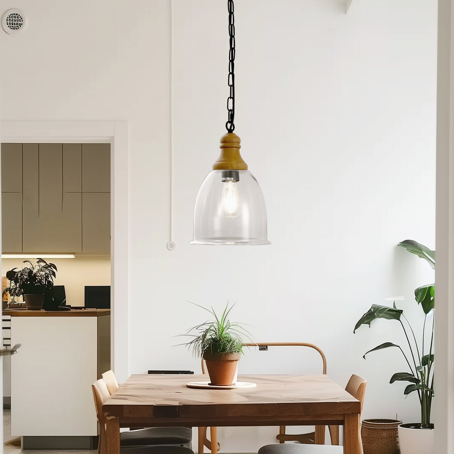 Farmhouse 1-Light Wood Grain Pendant with Large Clear Glass Shade, Rustic E26 Hanging Light for Kitchen Island