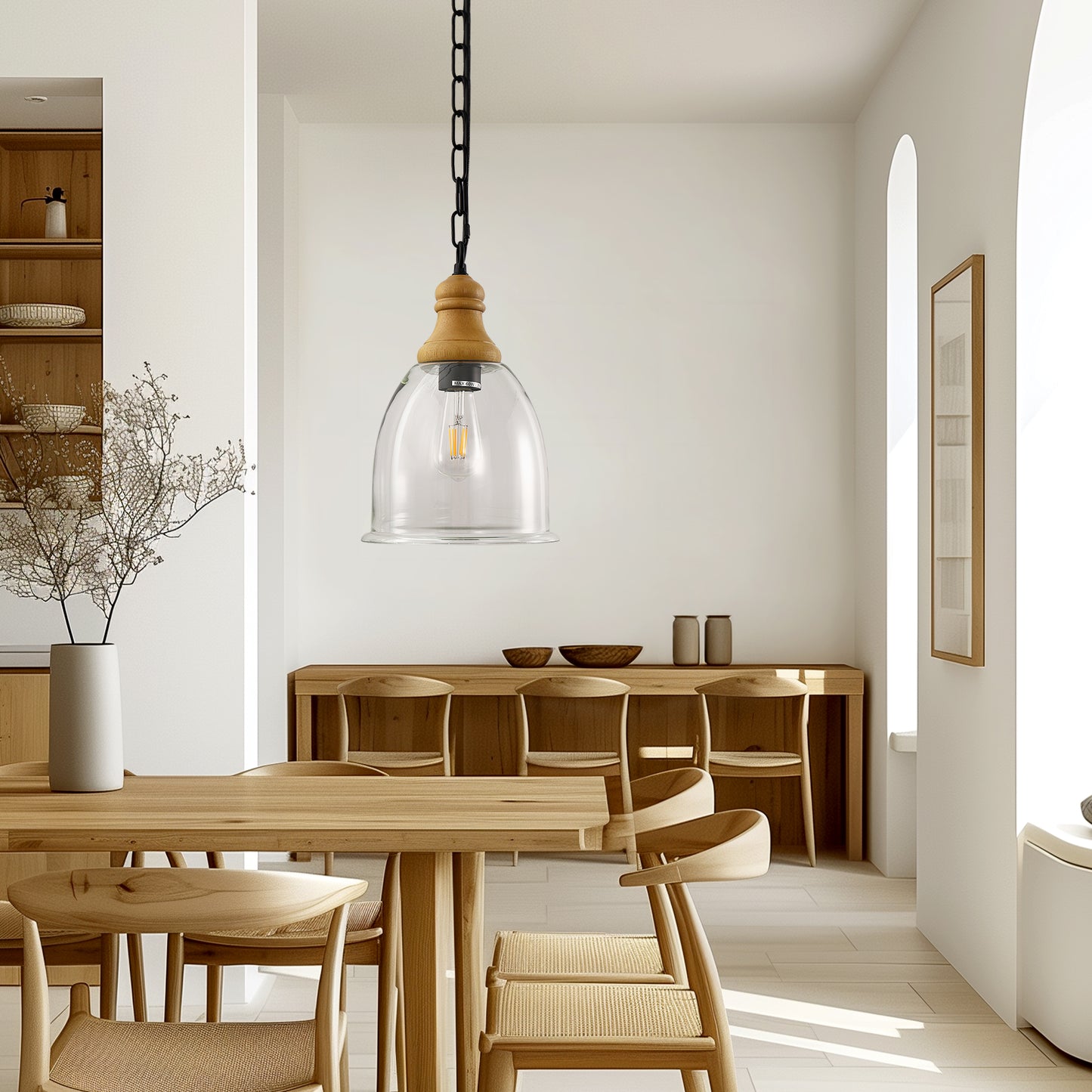 Farmhouse 1-Light Wood Grain Pendant with Large Clear Glass Shade, Rustic E26 Hanging Light for Kitchen Island