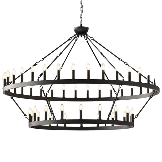 YANSUN 54-Light Industrial Black Chandelier with Double Ring and Straight Rod Design, E12 Base (Bulbs No Included)