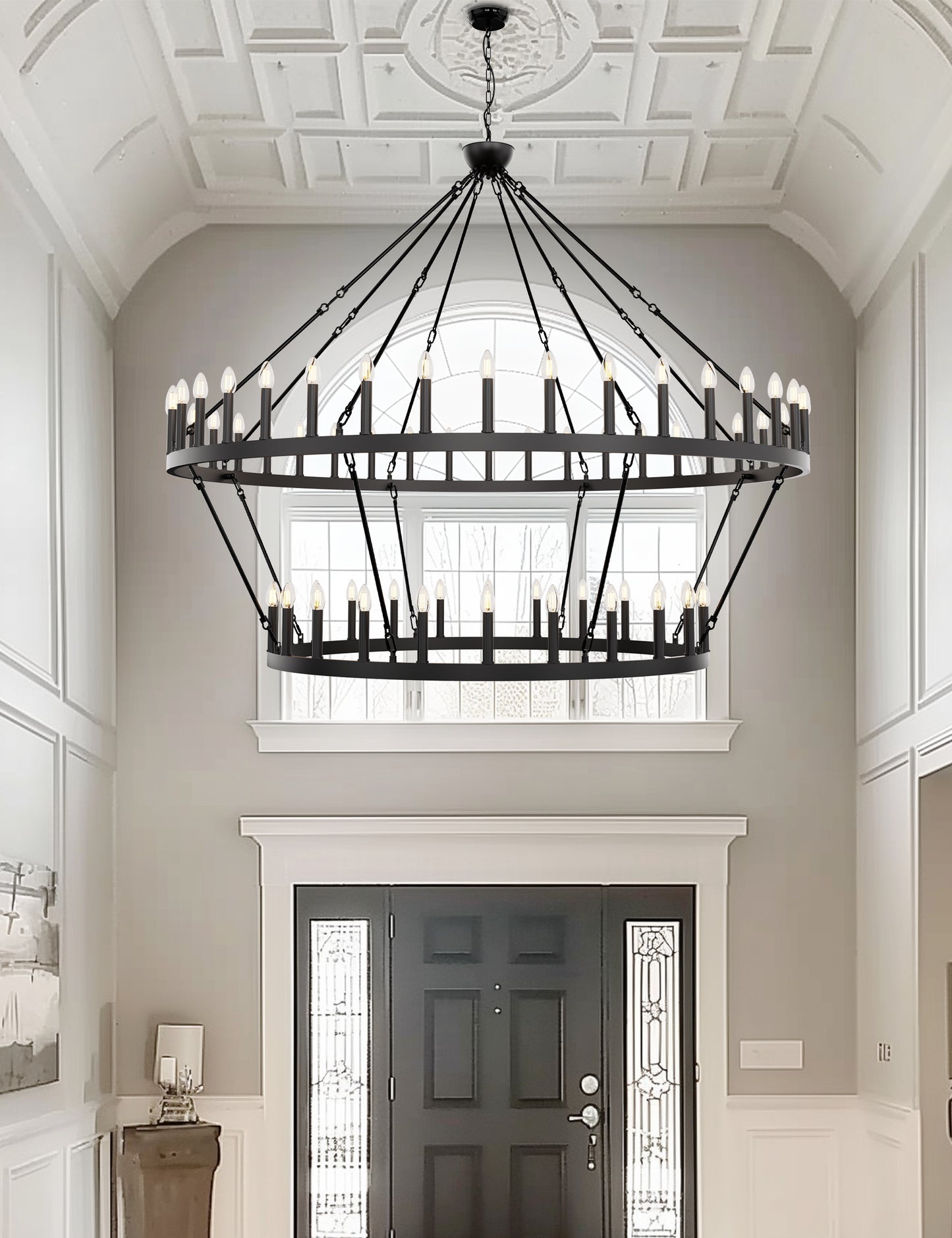 70 in. 64-Light Black Farmhouse Wagon Wheel Chandelier 2-Tiers Extra-Large Pendant Light Fixtures for Living Room