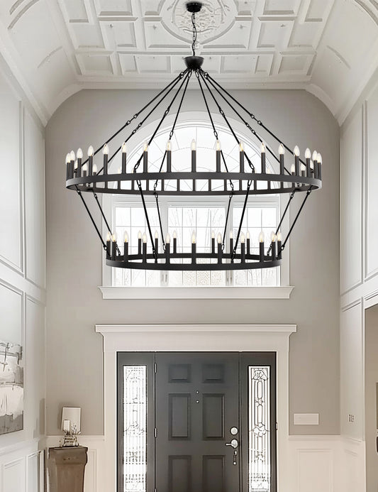 70 in. 64-Light Black Farmhouse Wagon Wheel Chandelier 2-Tiers Extra-Large Pendant Light Fixtures for Living Room