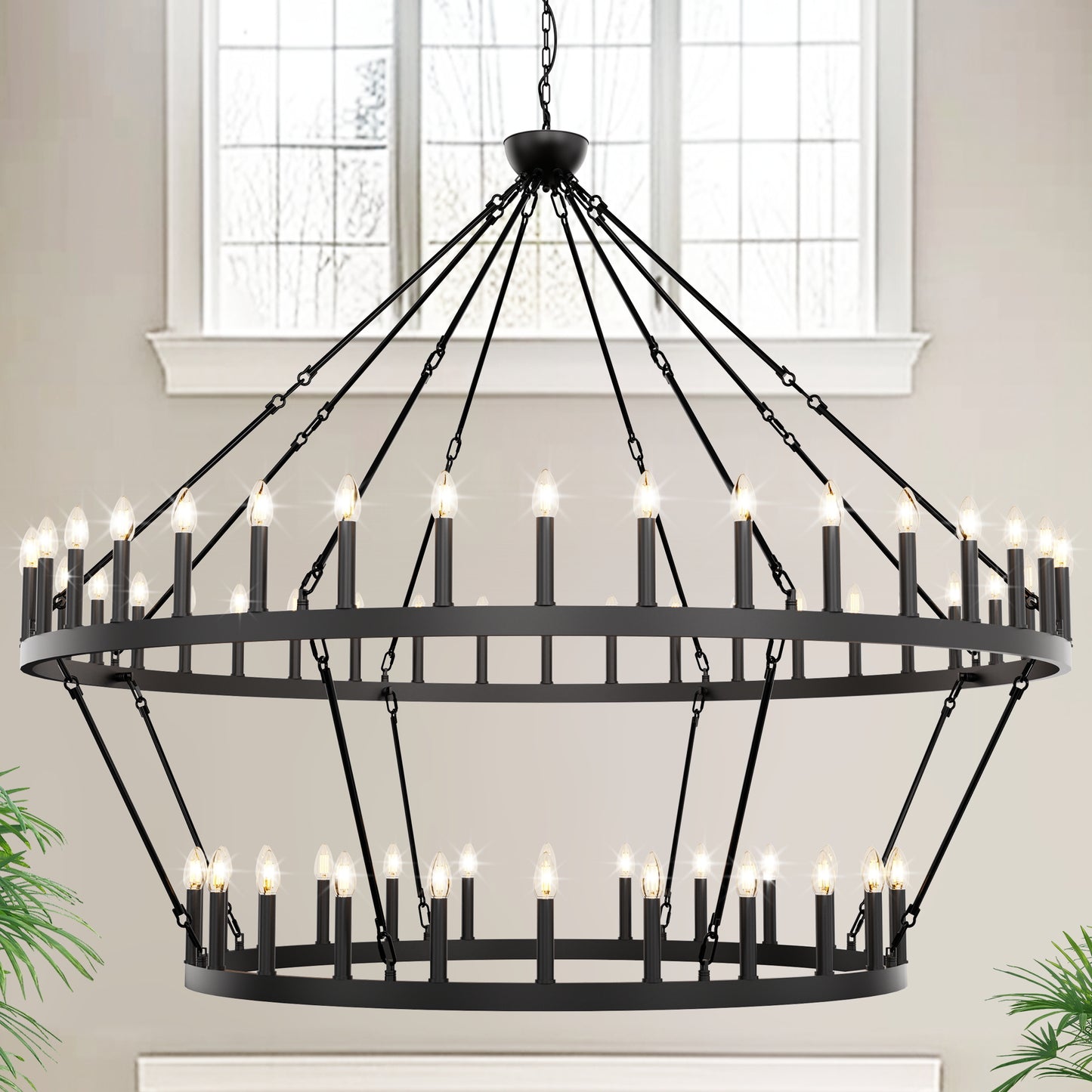 70 in. 64-Light Black Farmhouse Wagon Wheel Chandelier 2-Tiers Extra-Large Pendant Light Fixtures for Living Room
