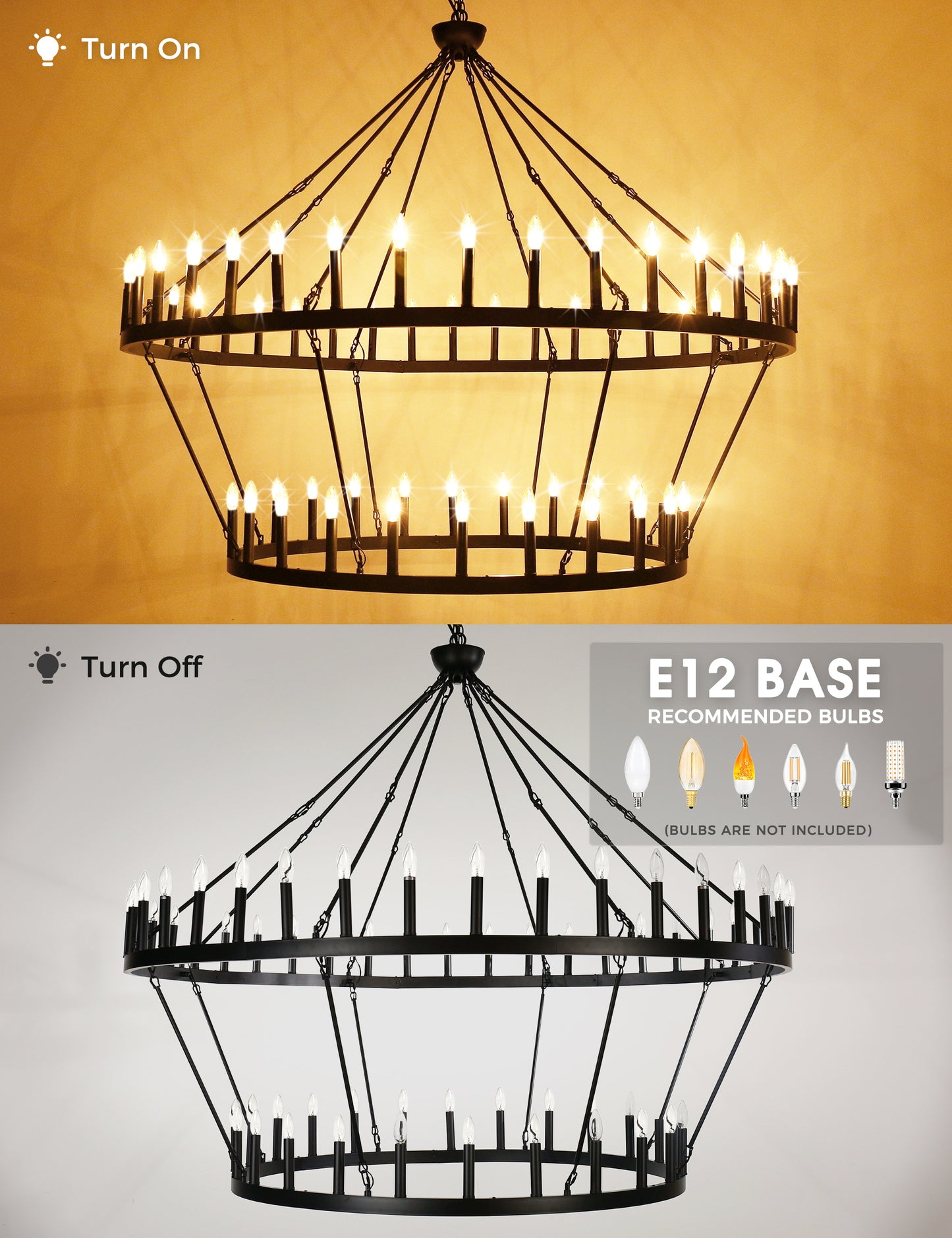 70 in. 64-Light Black Farmhouse Wagon Wheel Chandelier 2-Tiers Extra-Large Pendant Light Fixtures for Living Room