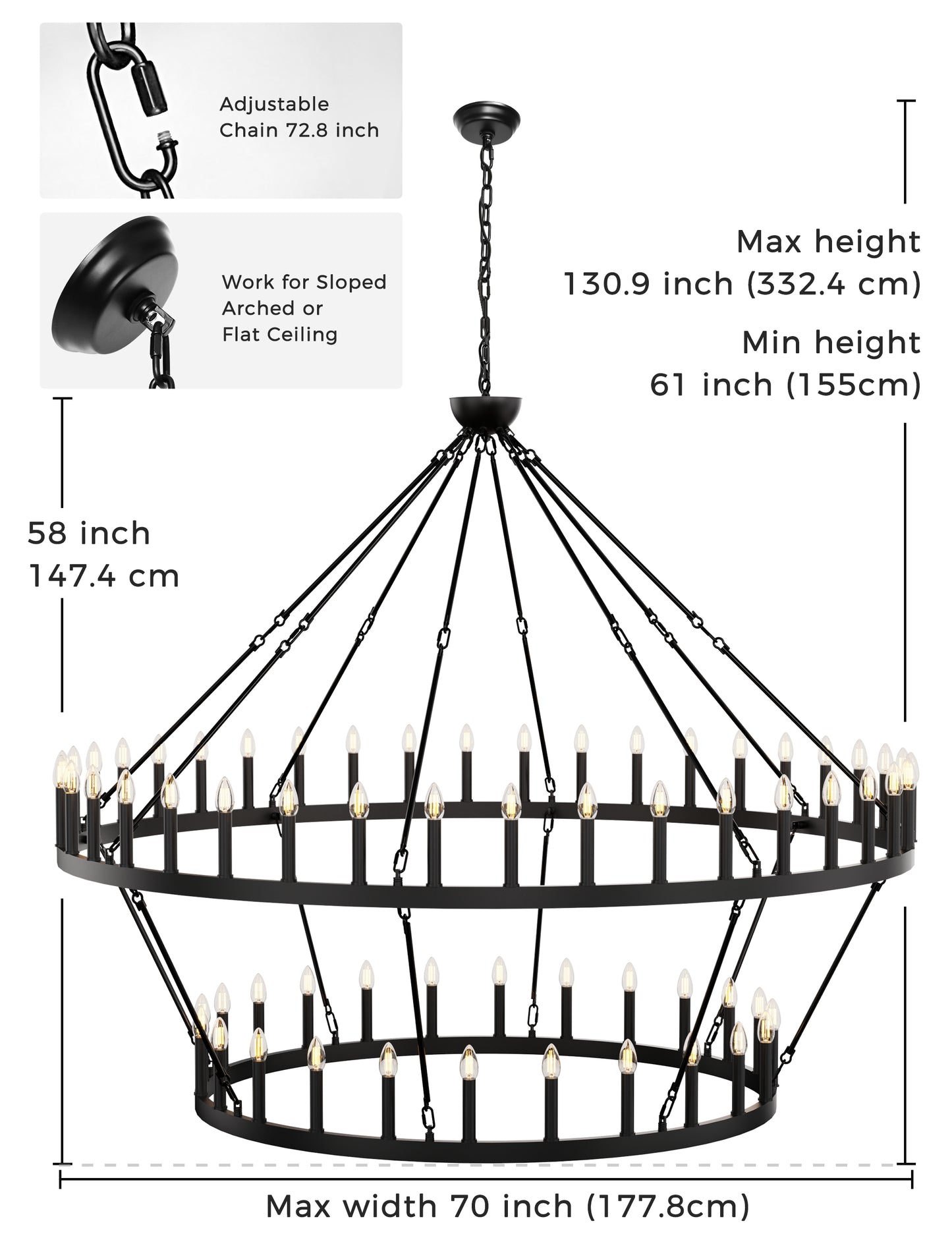 70 in. 64-Light Black Farmhouse Wagon Wheel Chandelier 2-Tiers Extra-Large Pendant Light Fixtures for Living Room