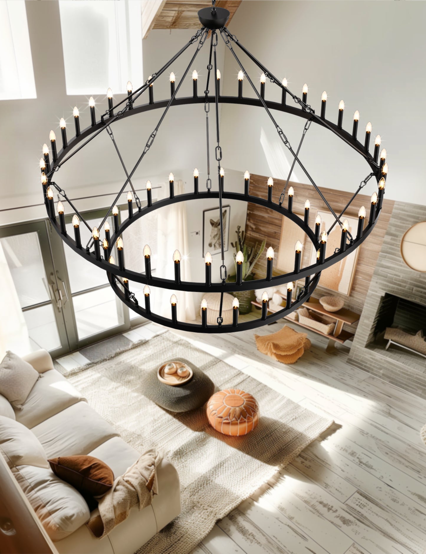 70 in. 64-Light Black Farmhouse Wagon Wheel Chandelier 2-Tiers Extra-Large Pendant Light Fixtures for Living Room