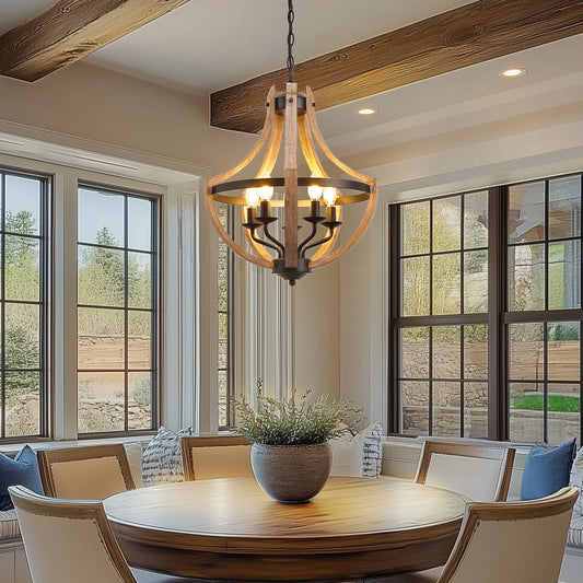 Modern Geometric 5-Light Chandelier, Black and White Wood Finish, Industrial Hanging Light Fixture for Dining Table
