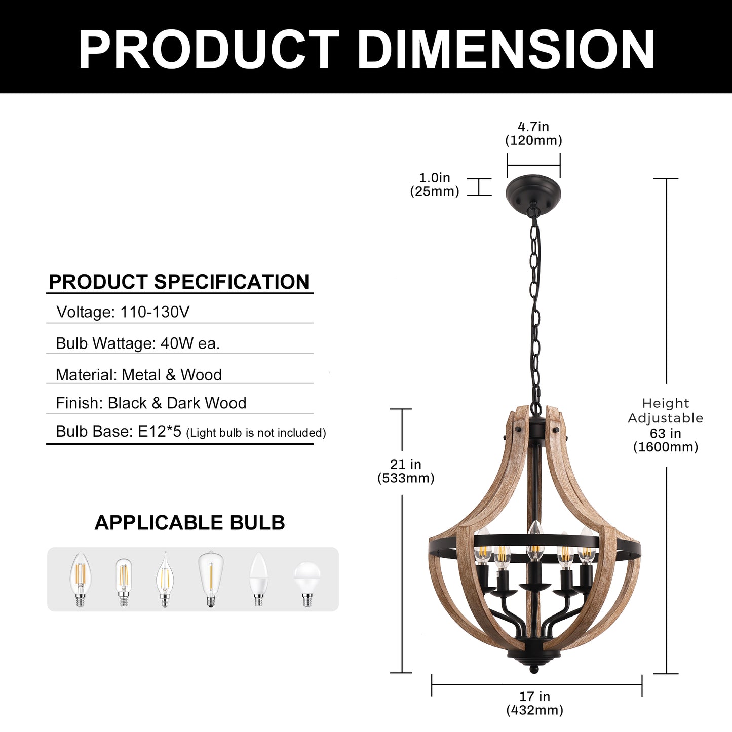 Modern Geometric 5-Light Chandelier, Black and White Wood Finish, Industrial Hanging Light Fixture for Dining Table