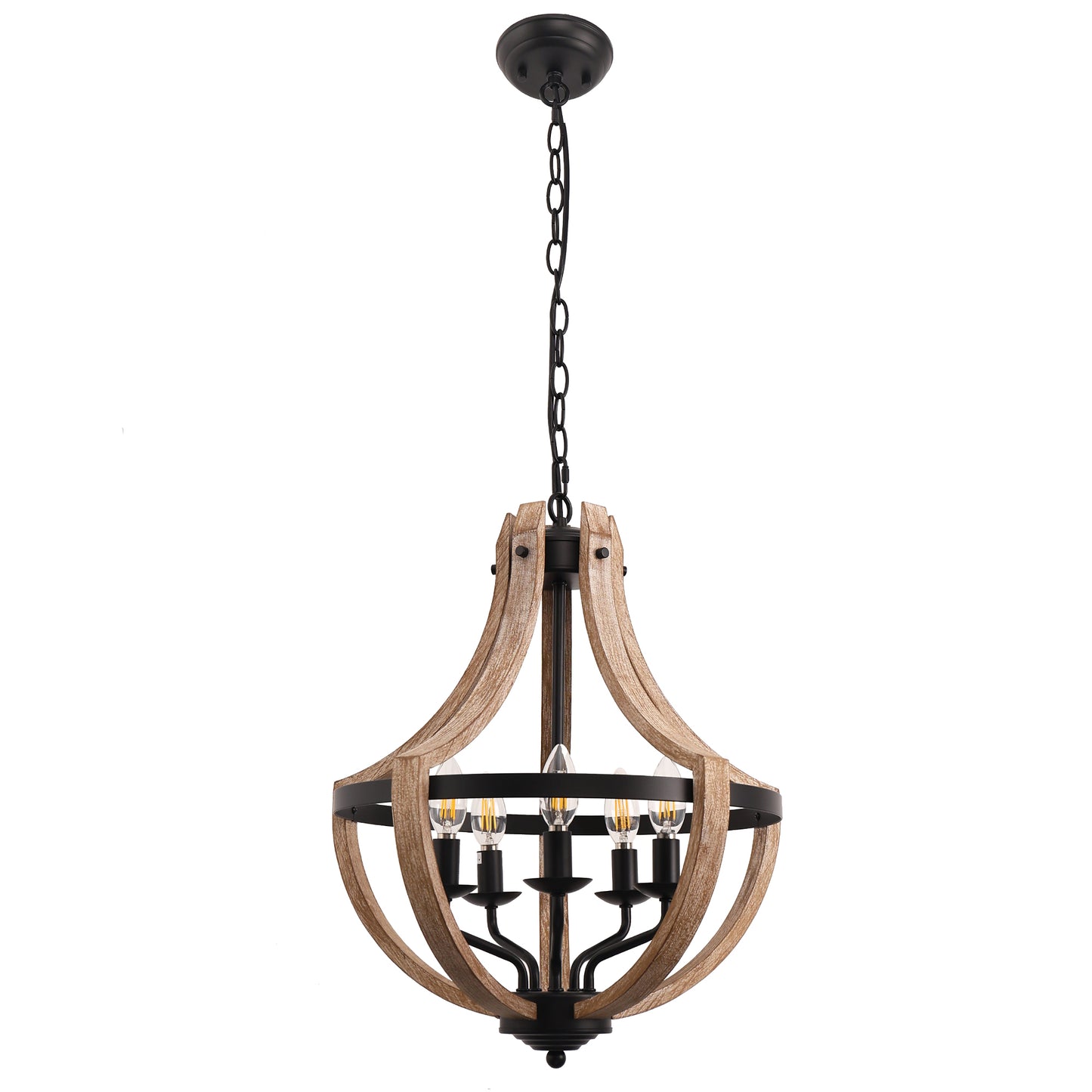 Modern Geometric 5-Light Chandelier, Black and White Wood Finish, Industrial Hanging Light Fixture for Dining Table