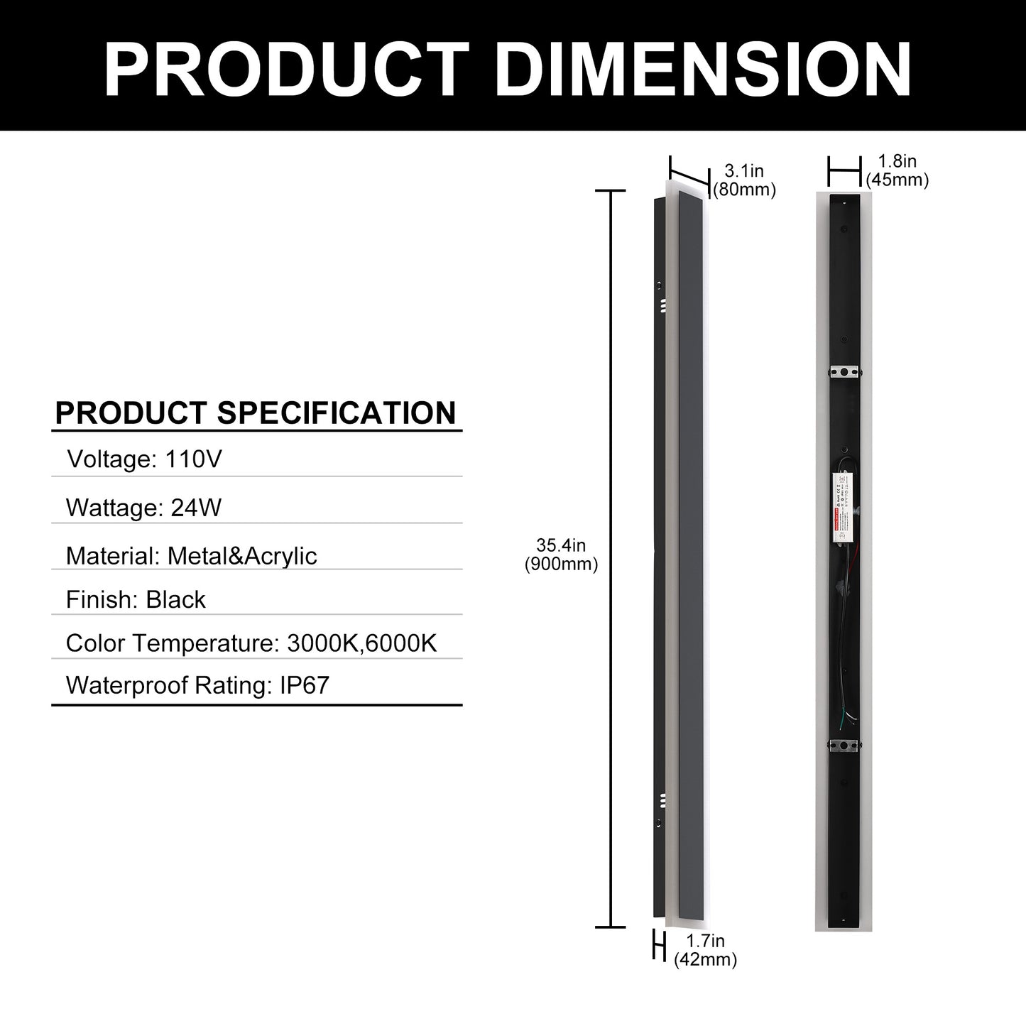 37 in. 1-Light Black Linear Integrated LED Outdoor Wall Light Waterproof Porch Light Wall Lantern Sconce 3000/6000K