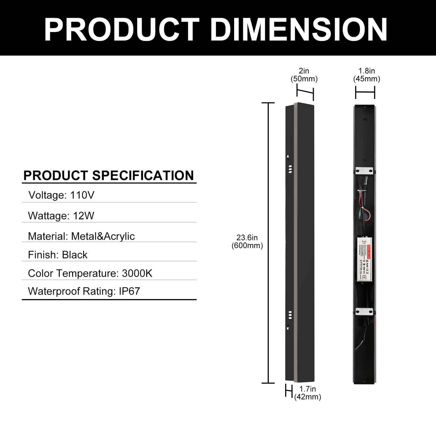 24 in. 19-Watt Black Outdoor Hardwired Linear Waterproof Integrated LED Wall Lantern Sconce, 3000K Warm White