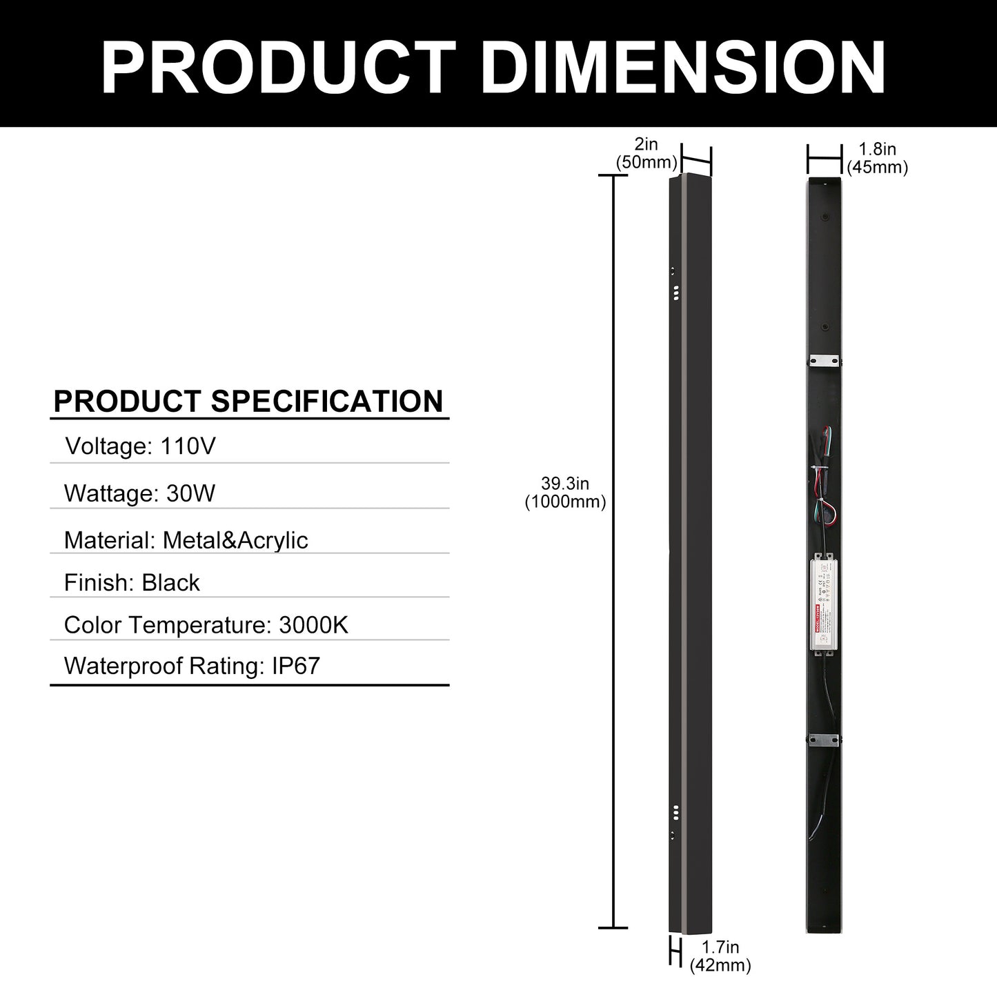 40 in. 30-Watt Black Hardwired Linear Outdoor Waterproof with Integrated LED Wall Lantern Sconce, 3000K Warm White