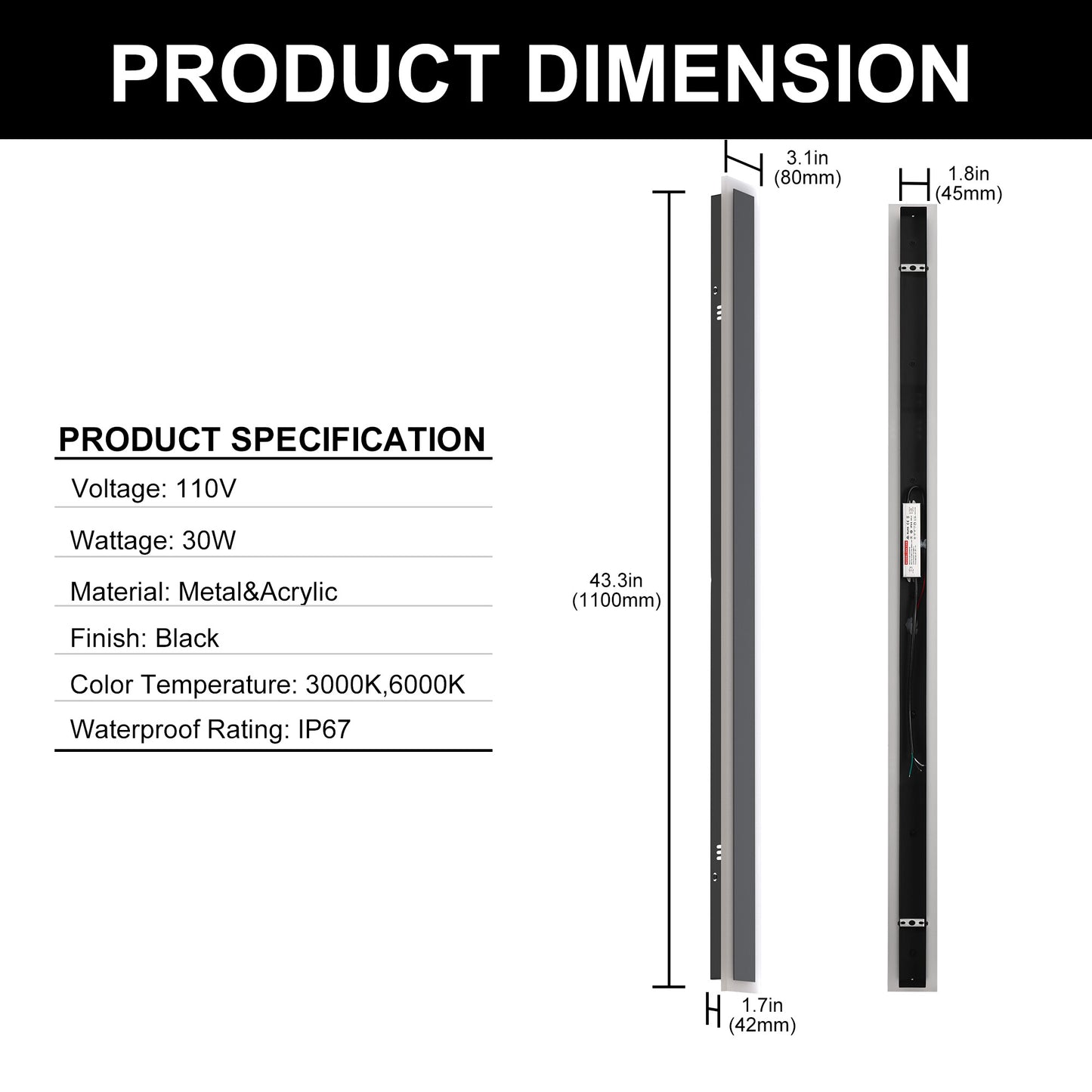 43 in. 30W 1-Light Matte Black Modern Integrated LED Outdoor Wall Light, Waterproof Porch Lantern 3000K/6000K
