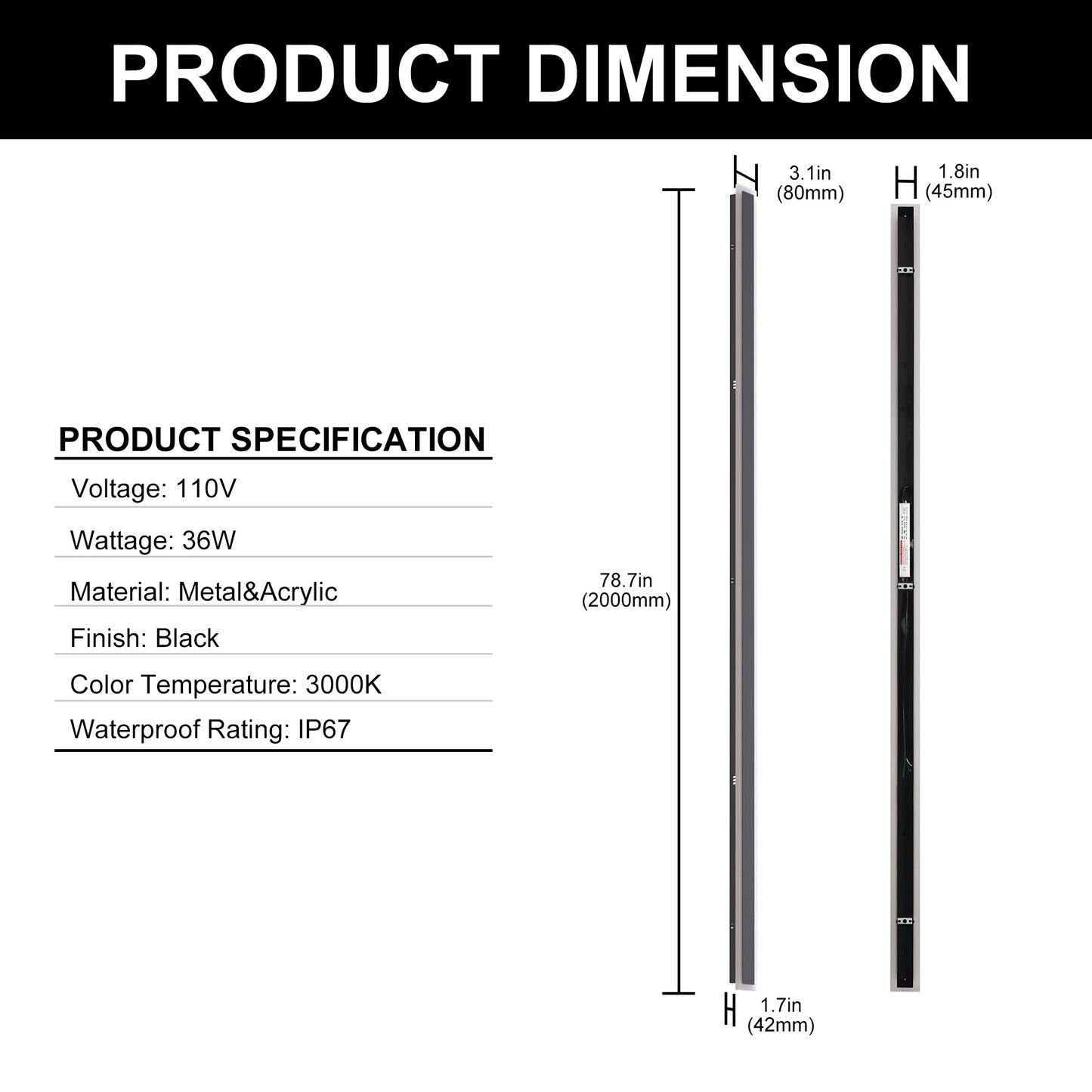 80 in. 1-Light Black Modern Integrated LED Outdoor Wall Light, Waterproof Porch Lantern Sconce for Garden