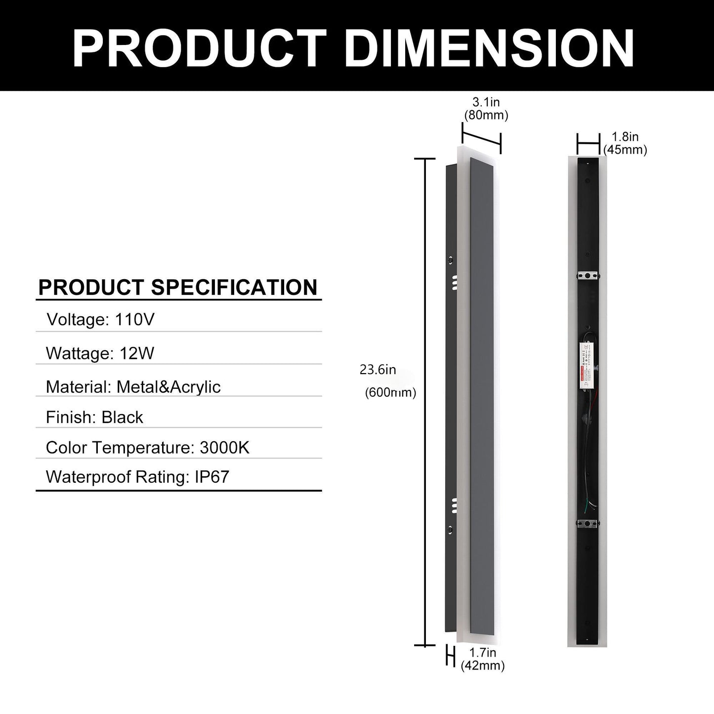 24 in. 1-Light Black Modern Integrated LED Outdoor Wall Light, Waterproof Porch Lantern Sconce for Garden