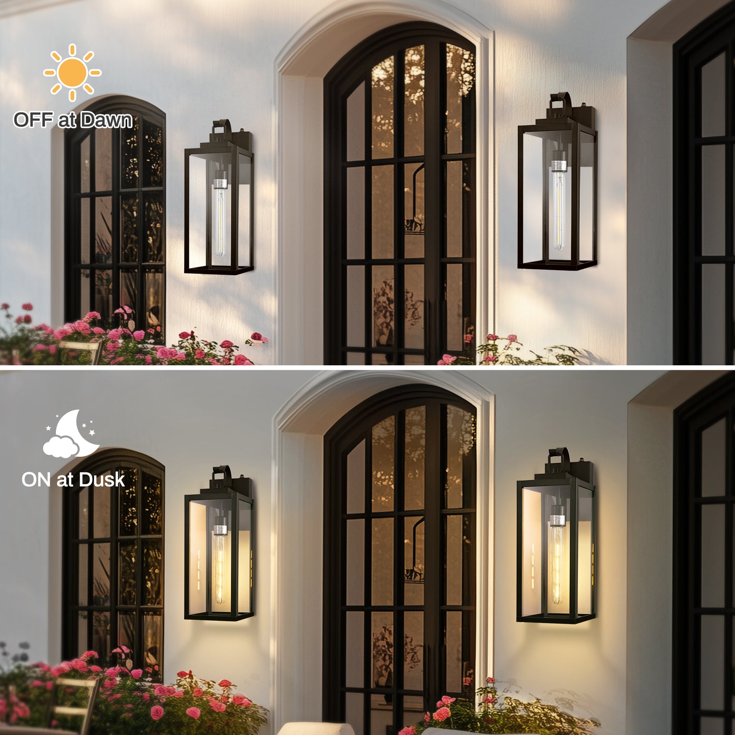 18 in. 2-Pack Large Black Dusk to Dawn Outdoor Waterproof Lantern Wall Lights with Clear Glass Shade(T30 Bulbs Included)