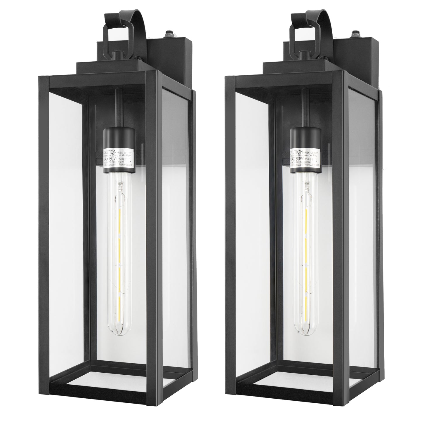 18 in. 2-Pack Large Black Dusk to Dawn Outdoor Waterproof Lantern Wall Lights with Clear Glass Shade(T30 Bulbs Included)
