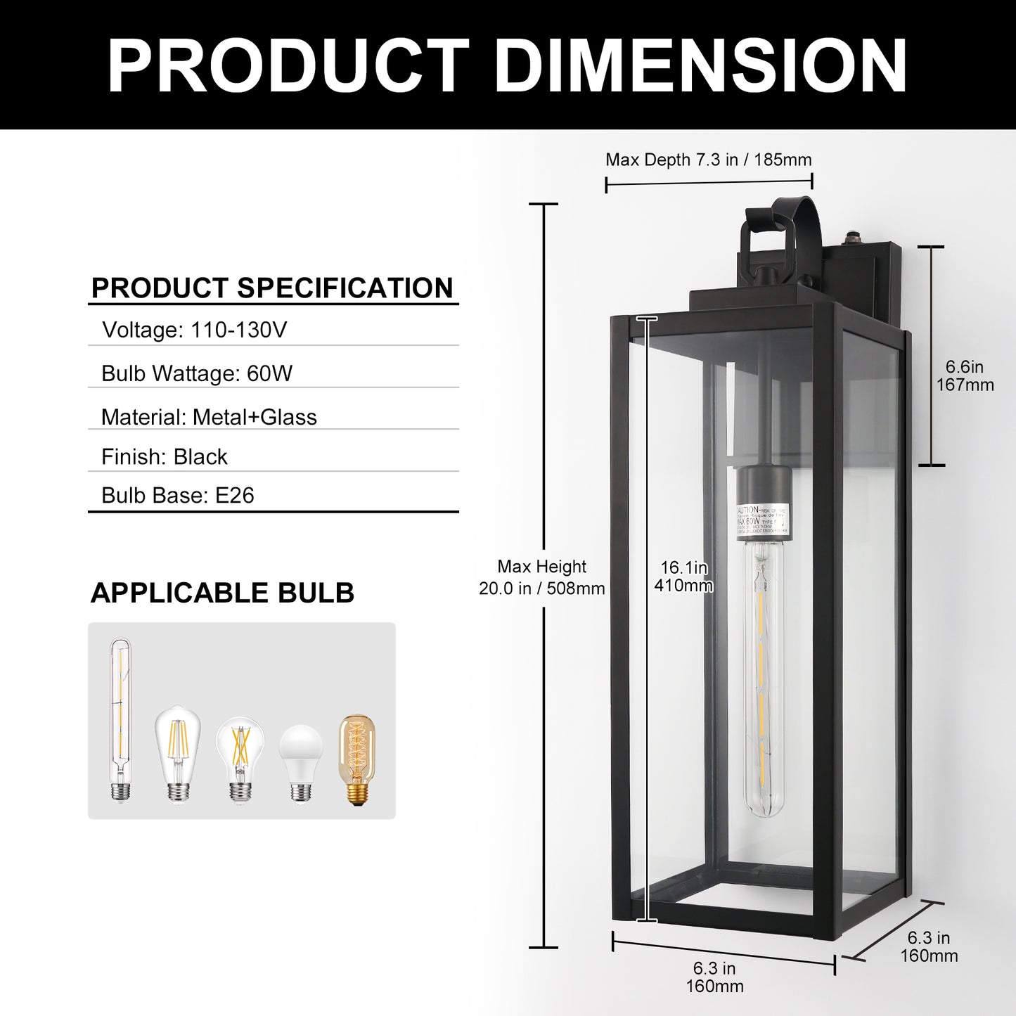 20 in. 2-Pack Large Black Outdoor Wall Lantern Sconce Waterproof with Dusk to Dawn for Porch LED Bulbs Included