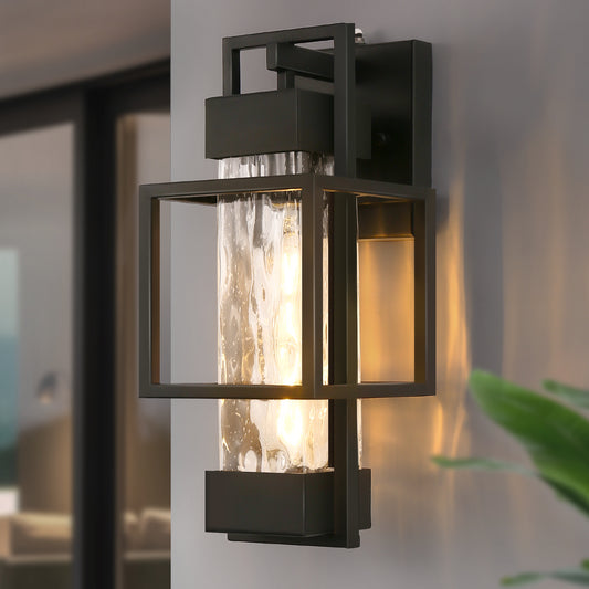 1-Light Modern Black Outdoor Wall Lantern Sconce with Clear Glass, T10 LED Bulbs Included(2-Pack)