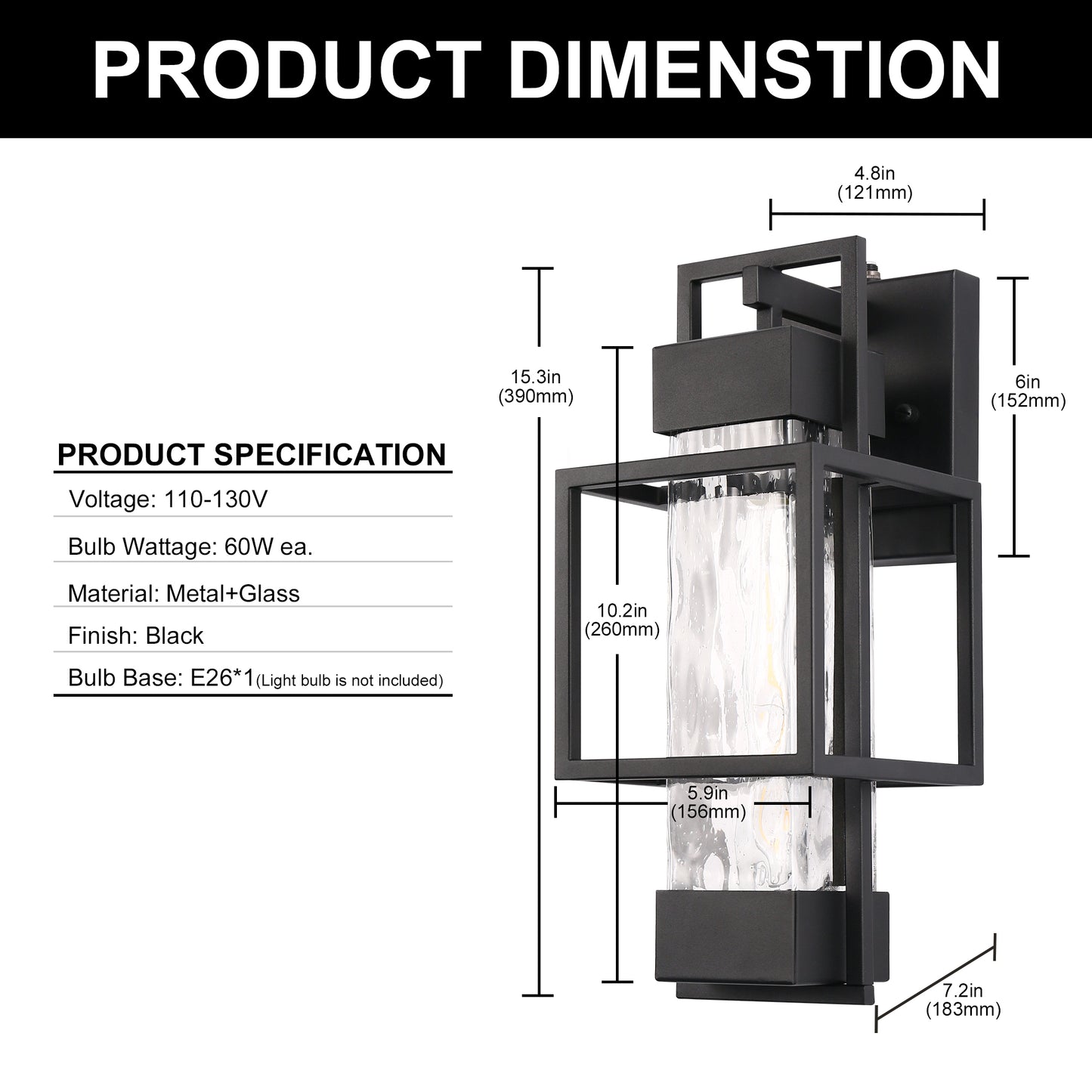 1-Light Modern Black Outdoor Wall Lantern Sconce with Clear Glass, T10 LED Bulbs Included(2-Pack)