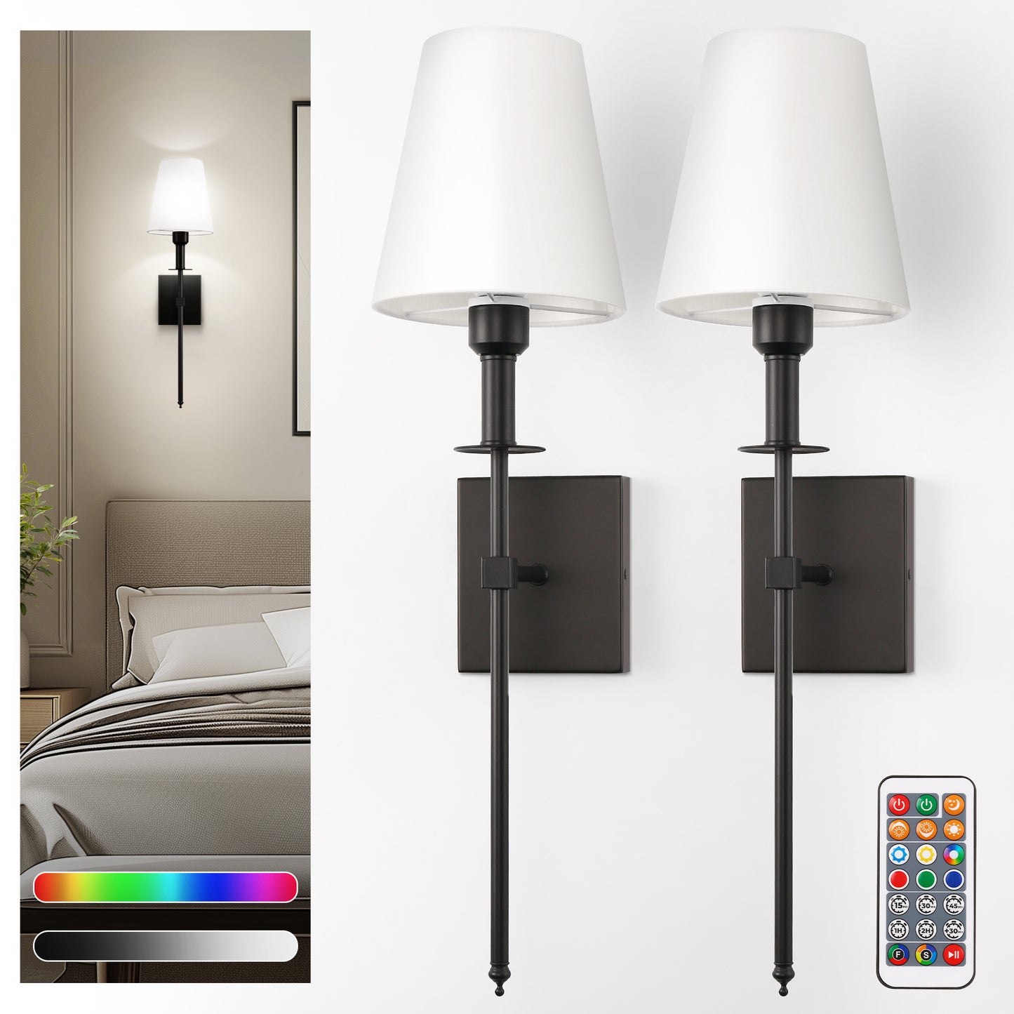 6 in. 1-Light Black Wall Sconces with Bulbs Rechargeable Wireless Wall Sconces Dimmable with Remote for Bedroom (2-Pack)