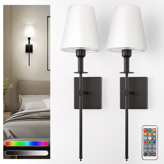 6 in. 1-Light Black Wall Sconces with Bulbs Rechargeable Wireless Wall Sconces Dimmable with Remote for Bedroom (2-Pack)