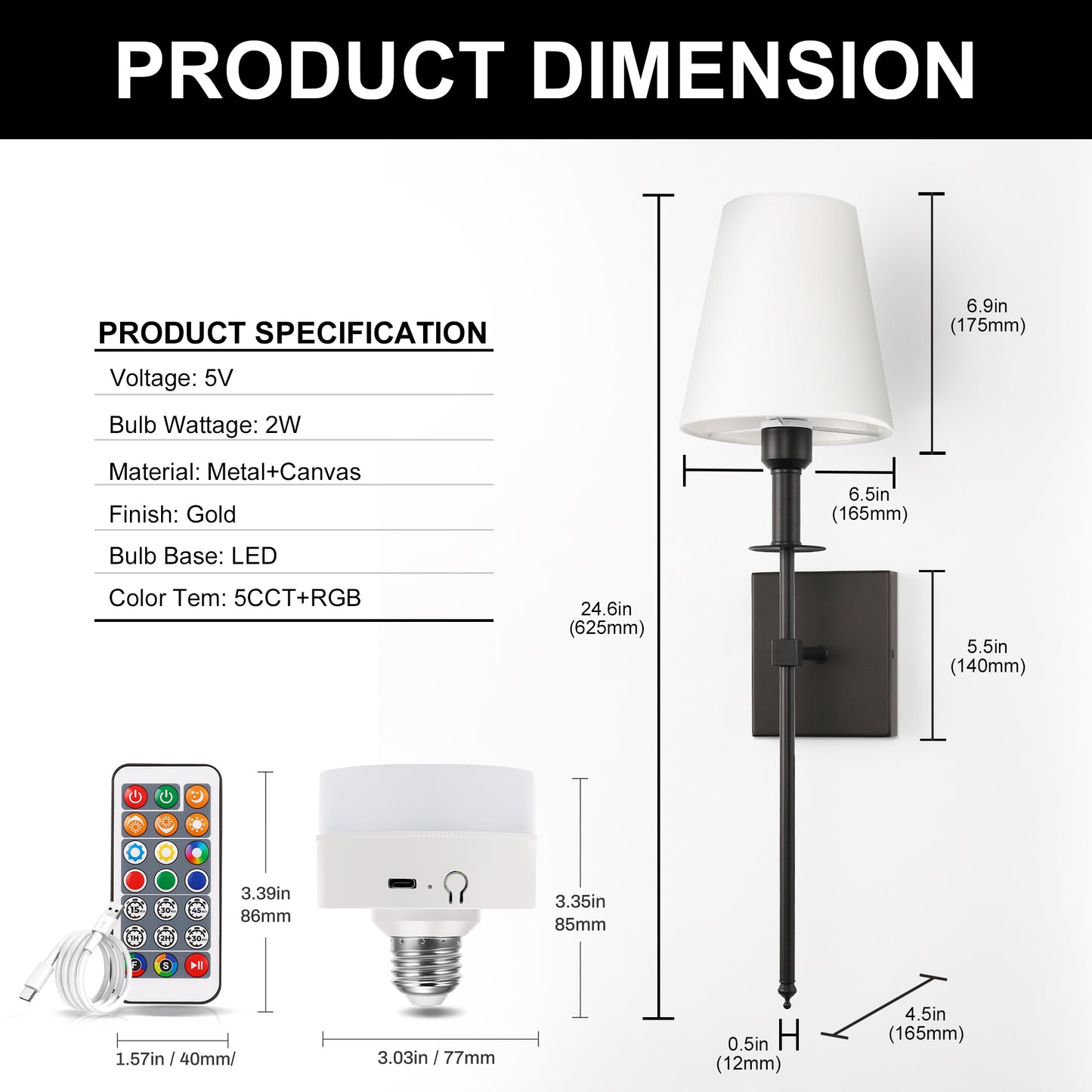 6 in. 1-Light Black Wall Sconces with Bulbs Rechargeable Wireless Wall Sconces Dimmable with Remote for Bedroom (2-Pack)