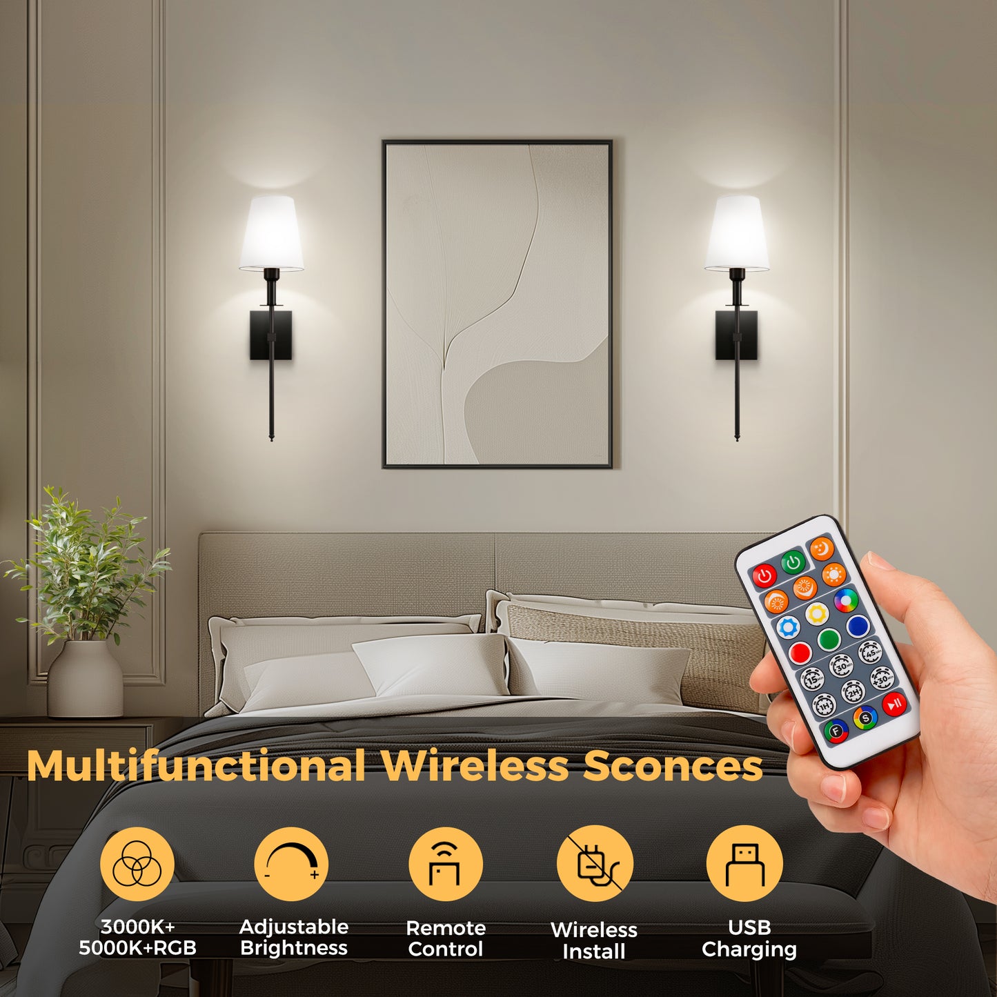 6 in. 1-Light Black Wall Sconces with Bulbs Rechargeable Wireless Wall Sconces Dimmable with Remote for Bedroom (2-Pack)