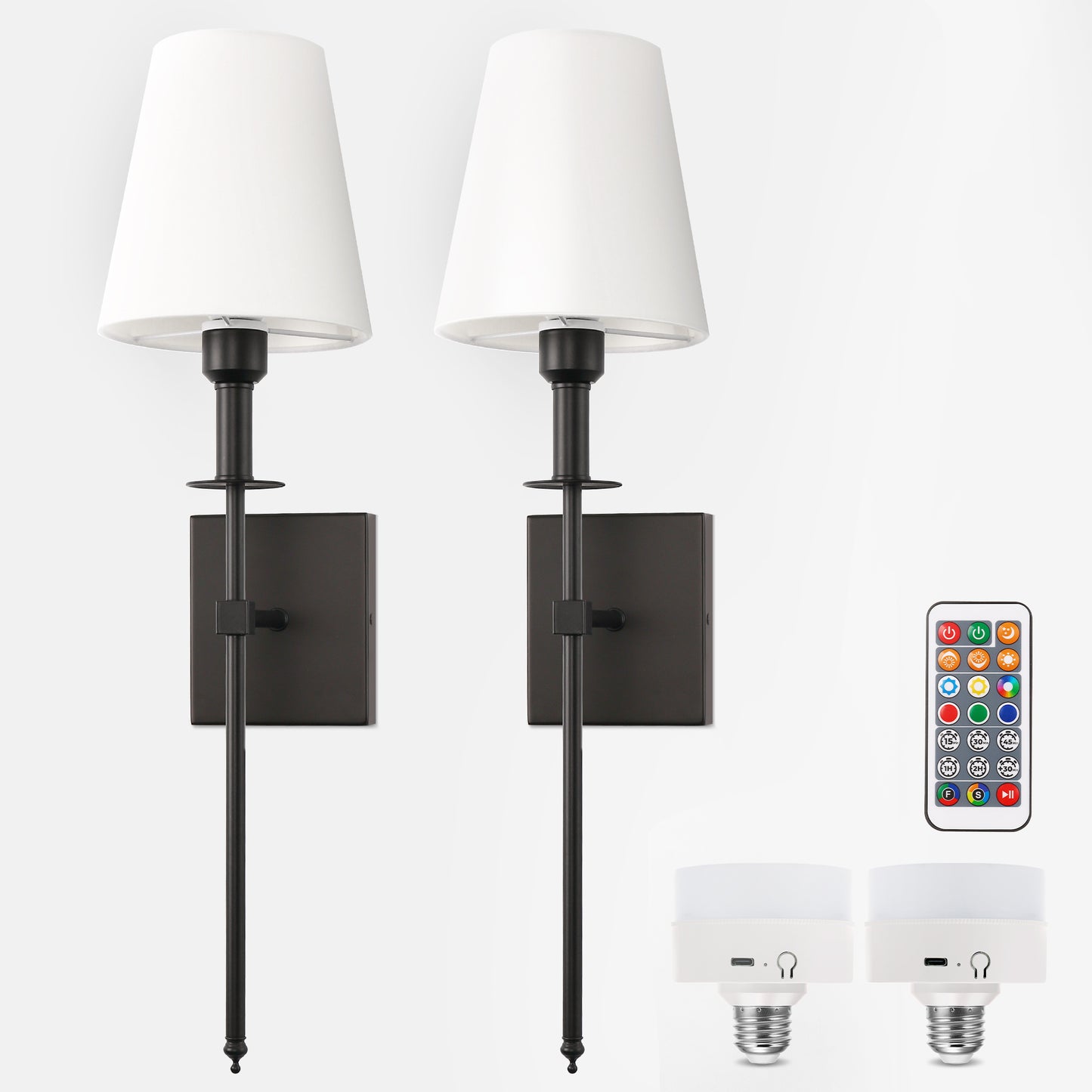 6 in. 1-Light Black Wall Sconces with Bulbs Rechargeable Wireless Wall Sconces Dimmable with Remote for Bedroom (2-Pack)