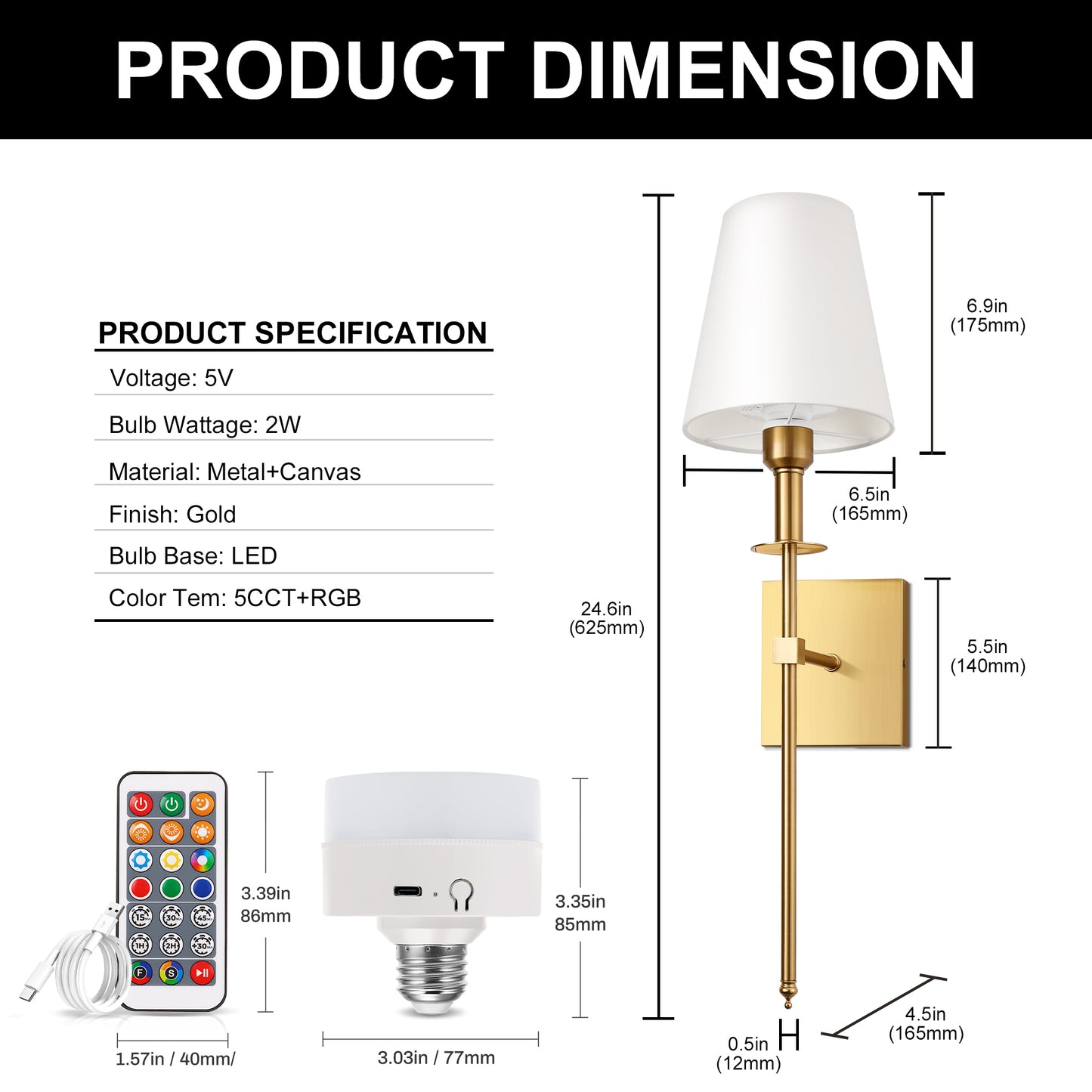6 in. 1-Light Gold Wall Sconces with Bulbs, Rechargeable Wireless Wall Sconces Dimmable with Remote for Bedroom (2-Pack)