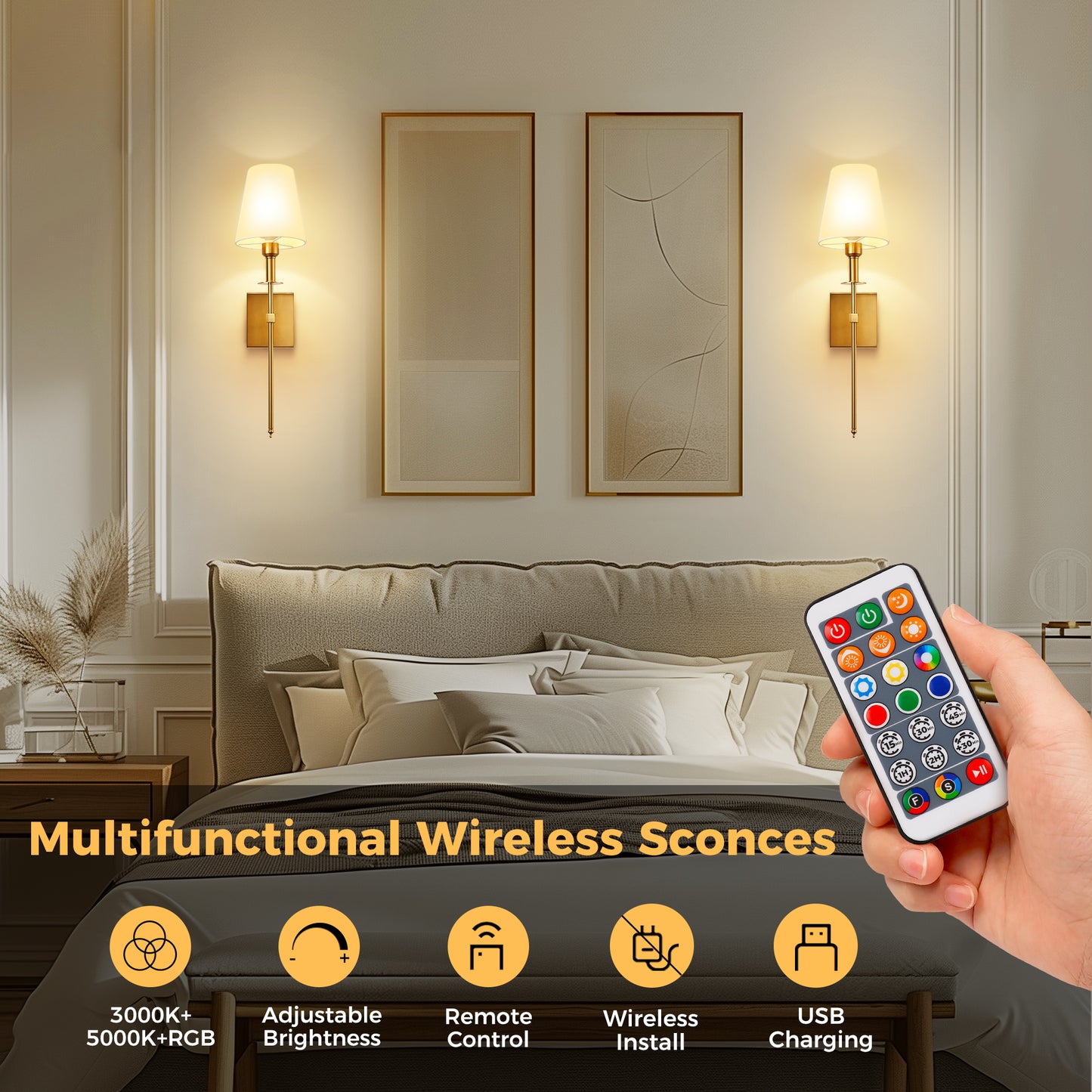 6 in. 1-Light Gold Wall Sconces with Bulbs, Rechargeable Wireless Wall Sconces Dimmable with Remote for Bedroom (2-Pack)