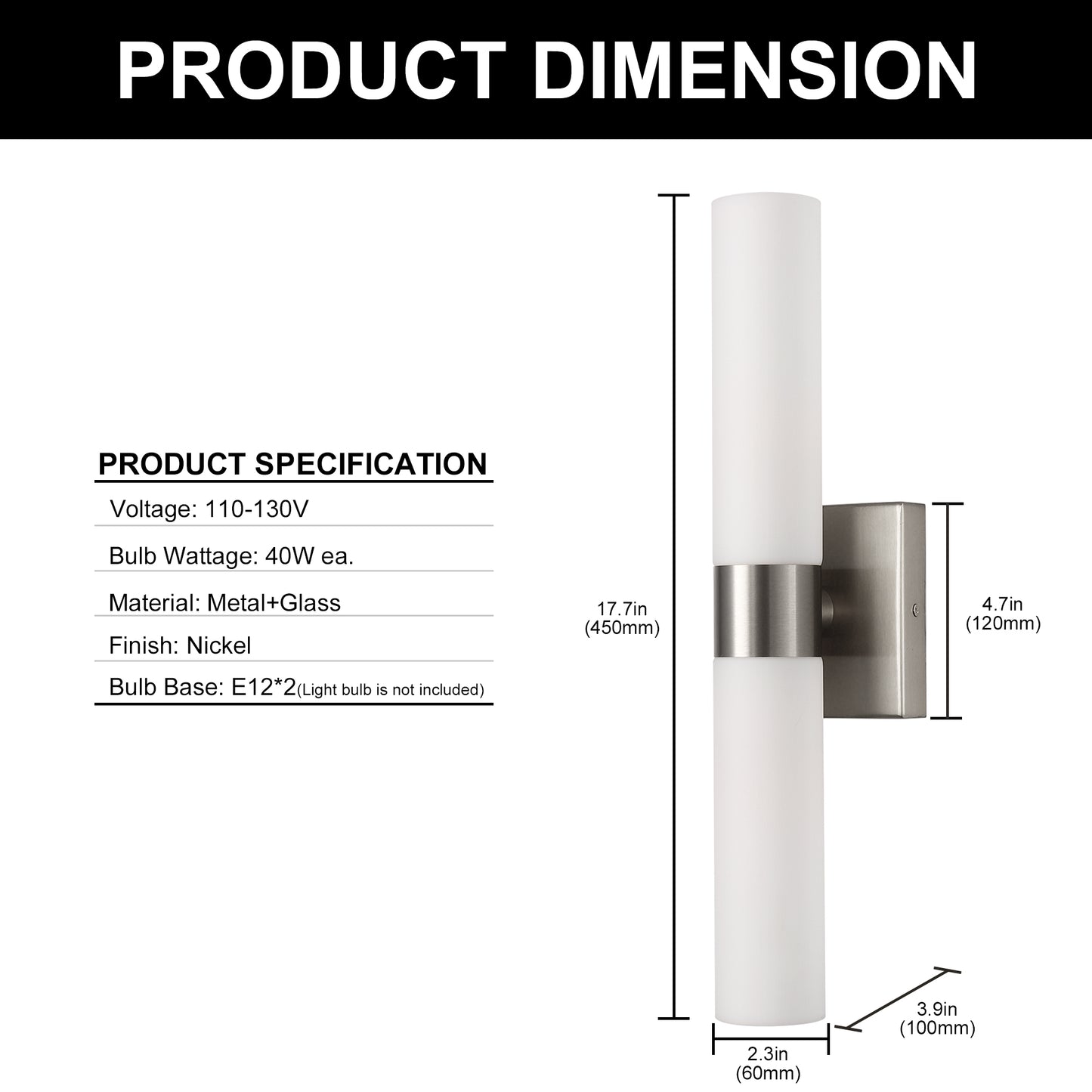 18 in. 2-Light Brushed Nickel and White Double Tube Wall Sconce, Sleek Up and Down Light Fixture for Bathroom, Bedroom