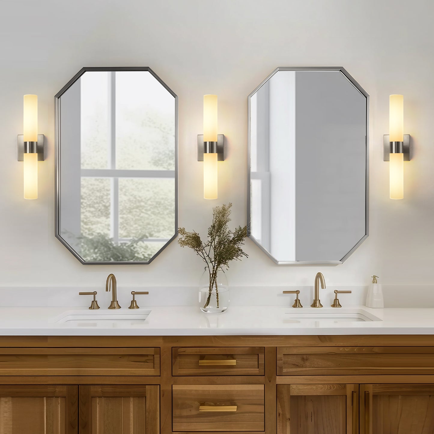 18 in. 2-Light Brushed Nickel and White Double Tube Wall Sconce, Sleek Up and Down Light Fixture for Bathroom, Bedroom
