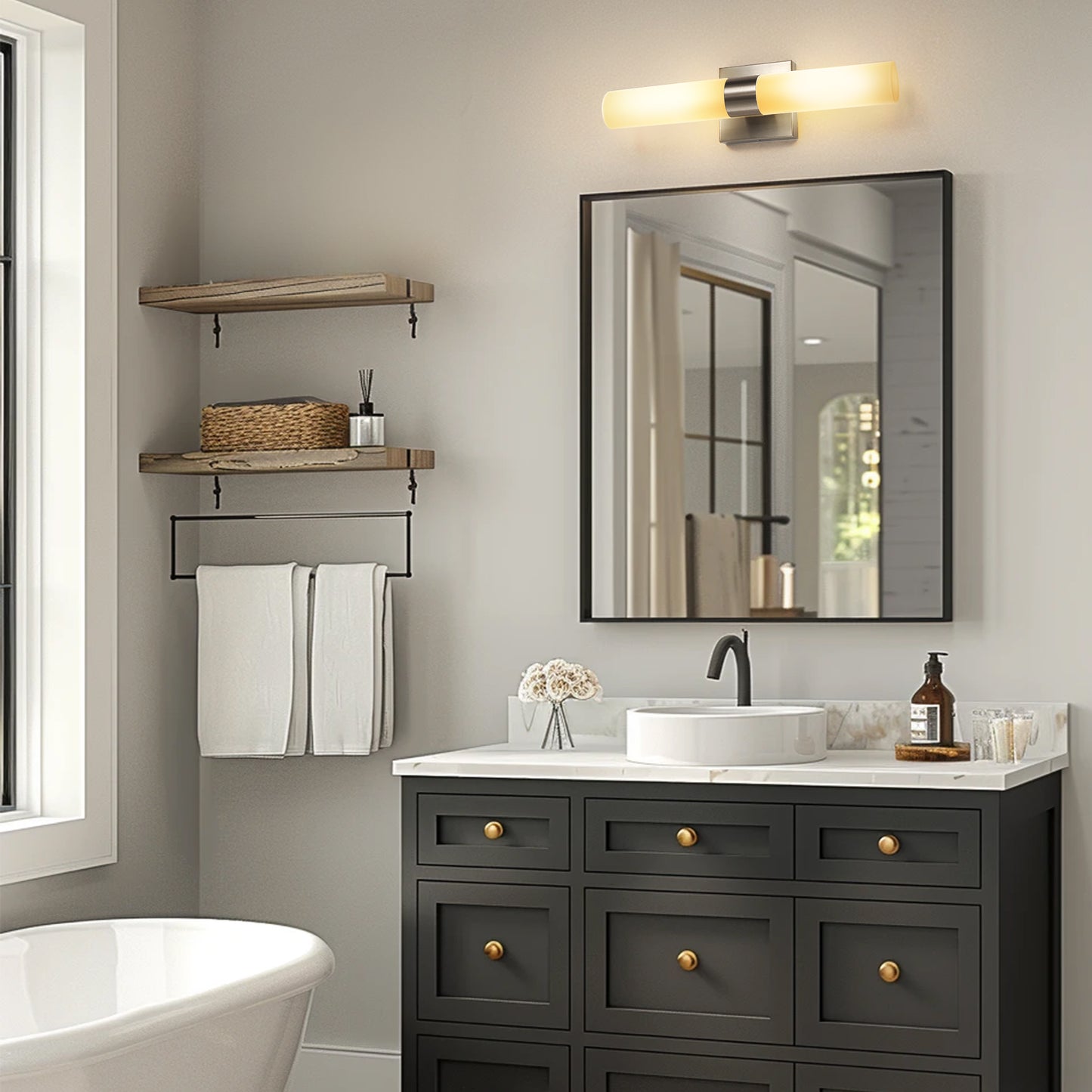18 in. 2-Light Brushed Nickel and White Double Tube Wall Sconce, Sleek Up and Down Light Fixture for Bathroom, Bedroom