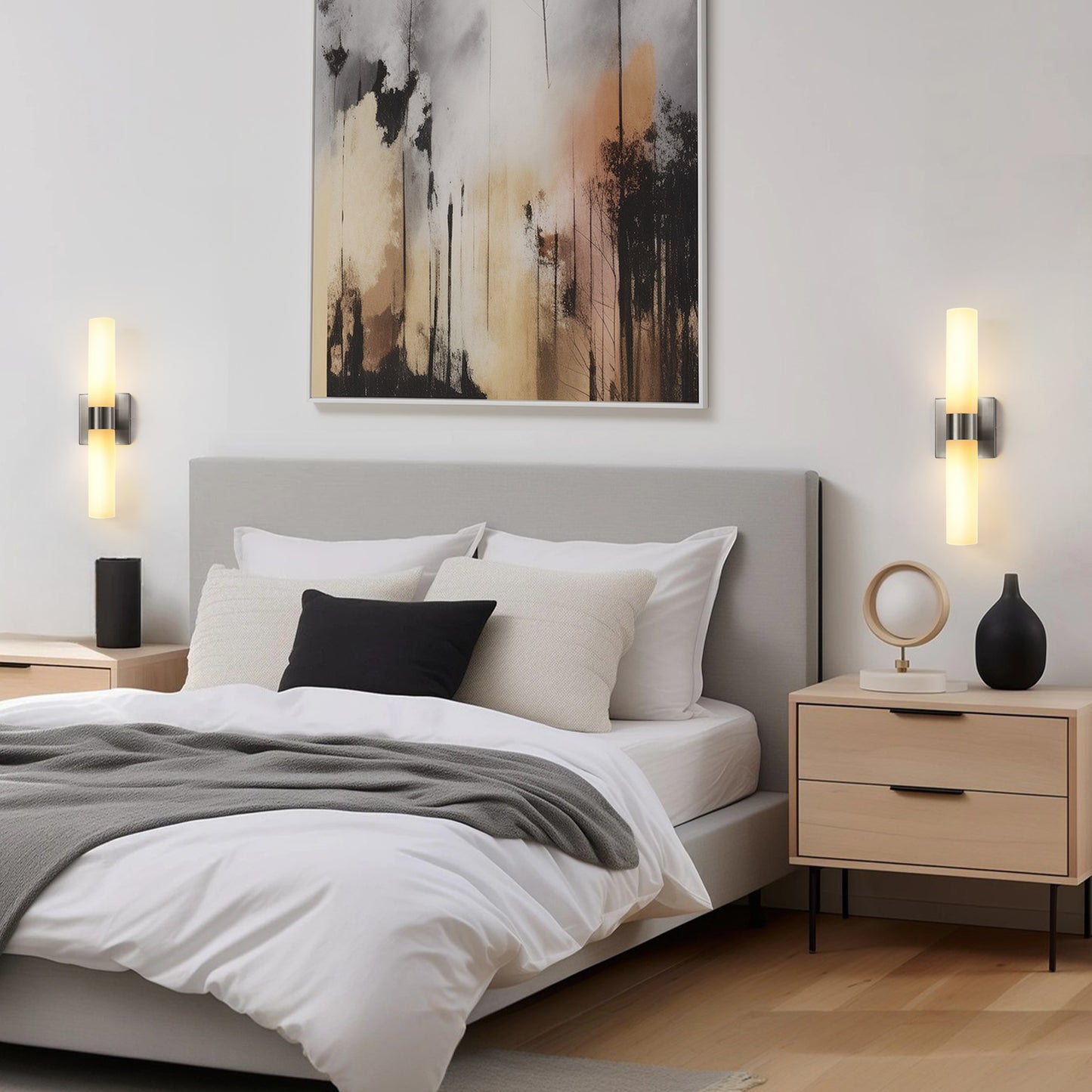 18 in. 2-Light Brushed Nickel and White Double Tube Wall Sconce, Sleek Up and Down Light Fixture for Bathroom, Bedroom