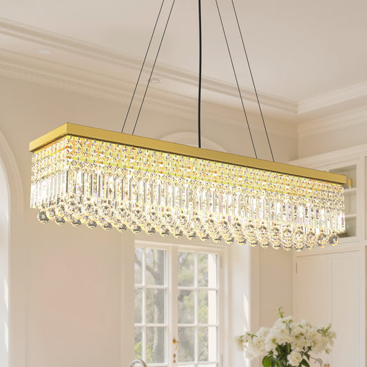 YANSUN 10-Light Gold Linear Island Chandelier with Crystal Strands and Square Crystals, E12 Base, Metal Frame