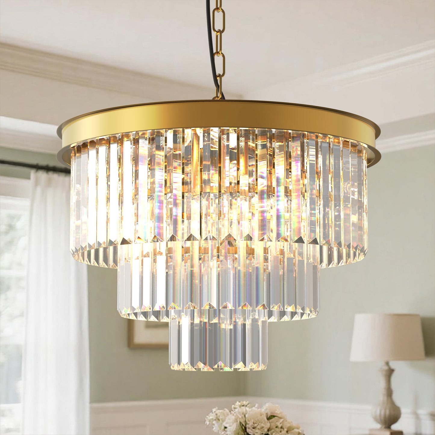YANSUN 53.6 in. Modern 6-Light Gold Crystal Drum Chandelier with 3-Tier Clear Crystal Shade for Dining Room