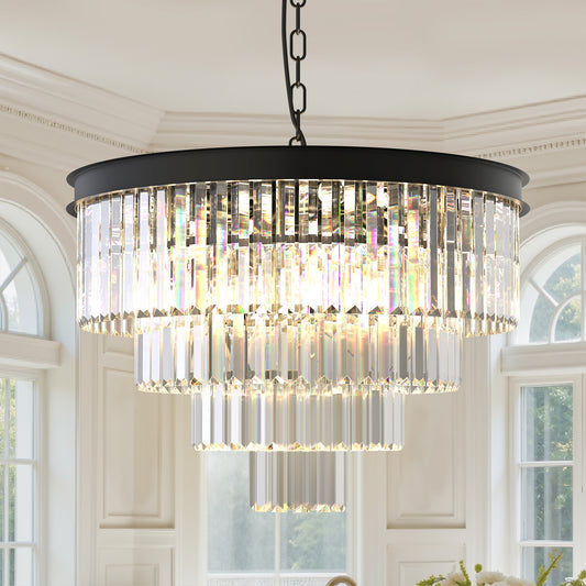 YANSUN 56.7 in. 12-Light Matte Black Drum Chandelier with 4-Tier Triangle Crystal Strips and E12 Base for Dining Room
