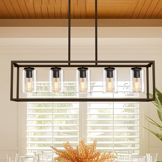 5-Light Dimmable Matte Black Linear Rectangle Chandelier Kitchen Island Pendant Light with Clear Glass Shade
