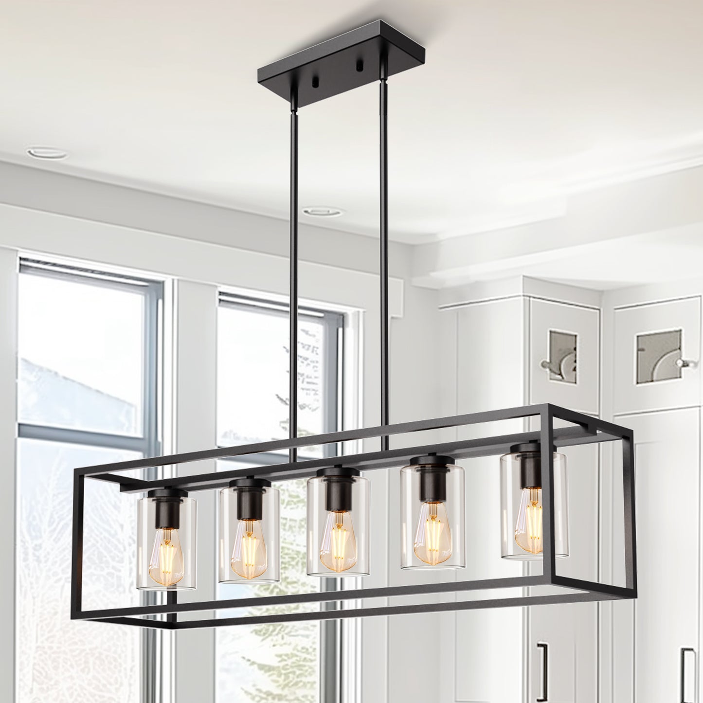 5-Light Dimmable Matte Black Linear Rectangle Chandelier Kitchen Island Pendant Light with Clear Glass Shade