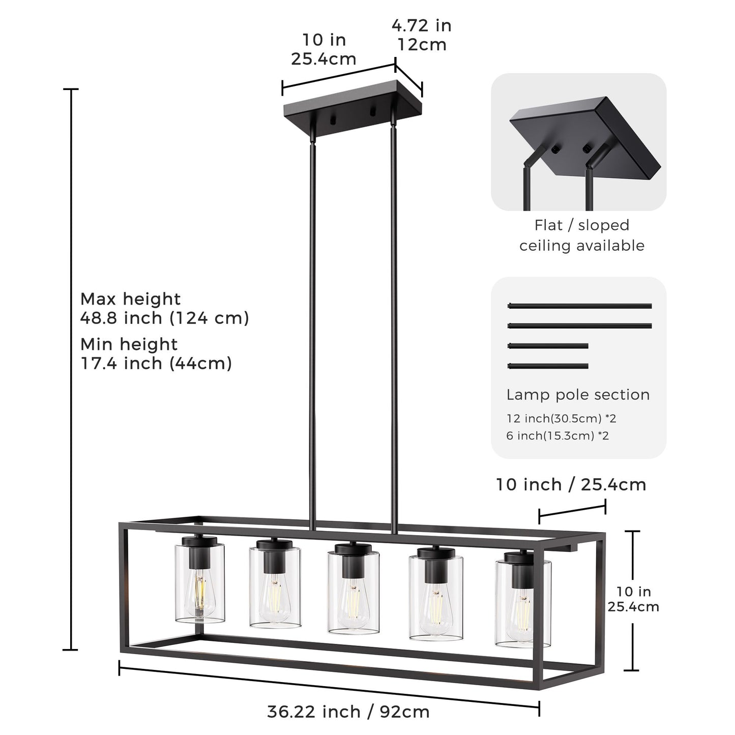 5-Light Dimmable Matte Black Linear Rectangle Chandelier Kitchen Island Pendant Light with Clear Glass Shade