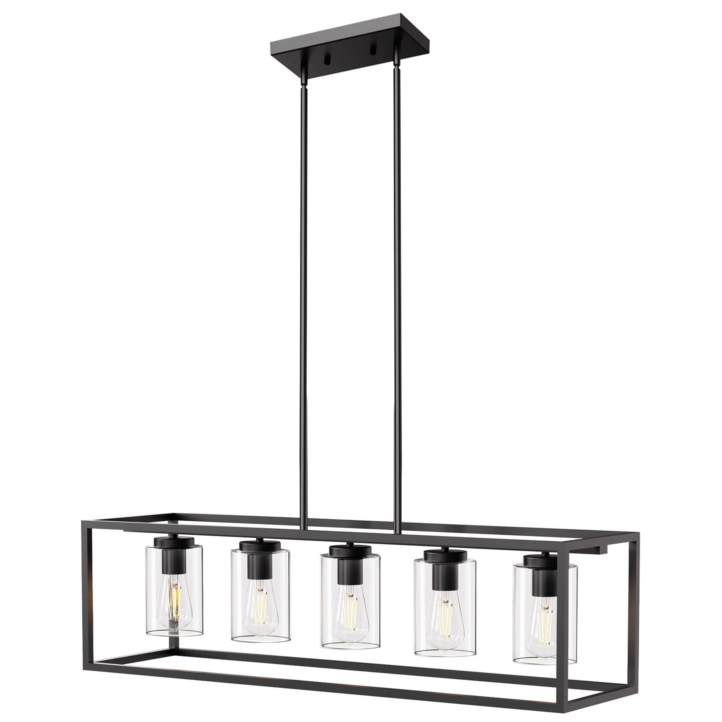 5-Light Dimmable Matte Black Linear Rectangle Chandelier Kitchen Island Pendant Light with Clear Glass Shade