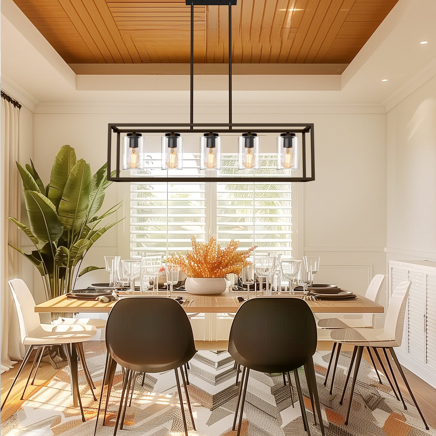 5-Light Dimmable Matte Black Linear Rectangle Chandelier Kitchen Island Pendant Light with Clear Glass Shade