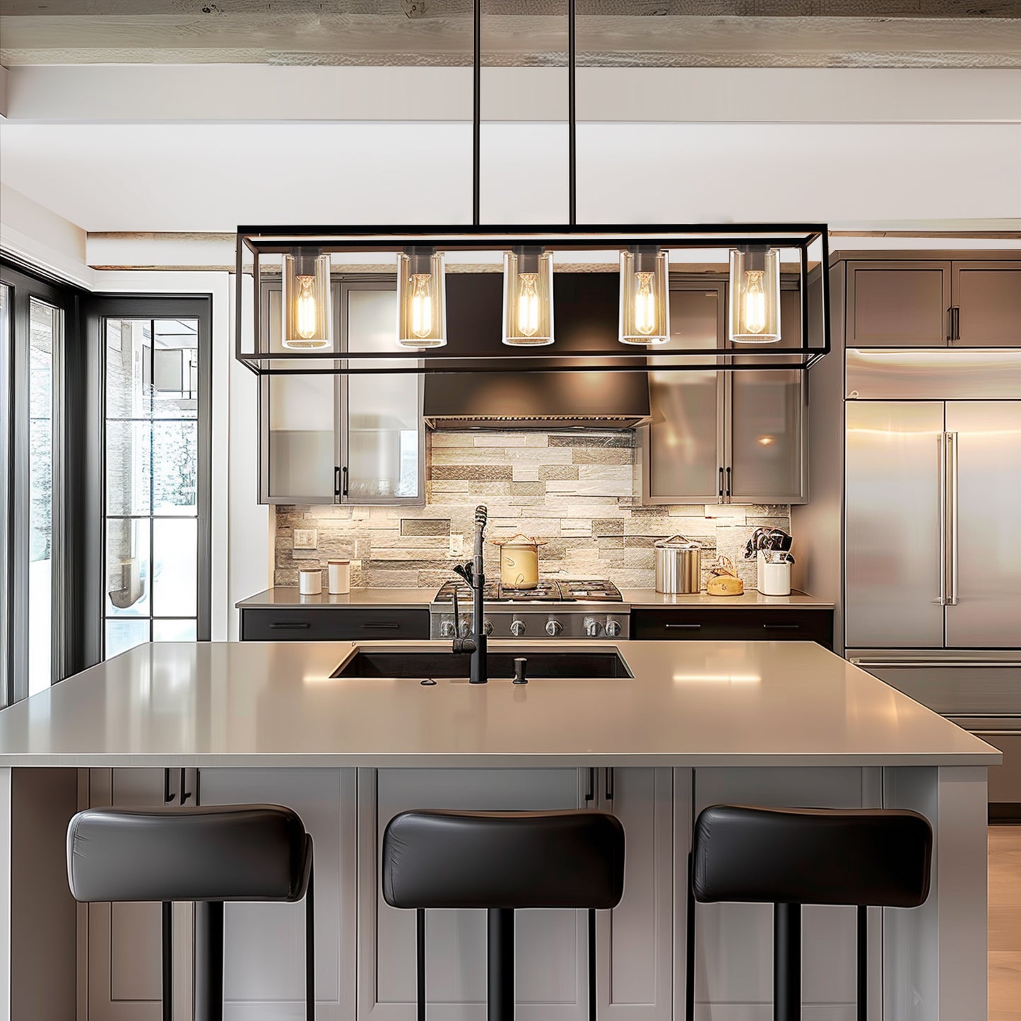 5-Light Dimmable Matte Black Linear Rectangle Chandelier Kitchen Island Pendant Light with Clear Glass Shade