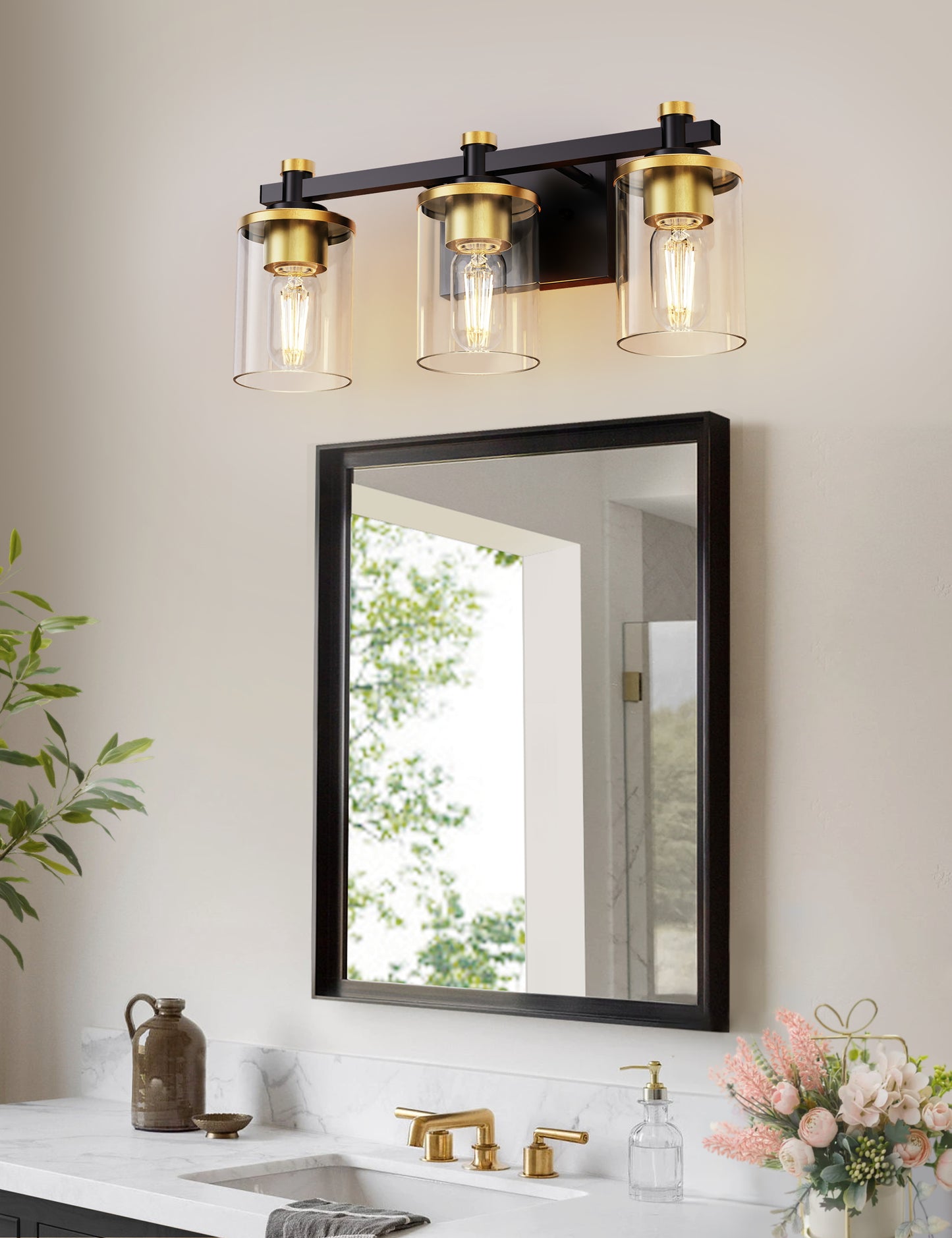 20 in. 3-Light Black and Gold Bathroom Vanity Light with Clear Glass Shades for Mirror and Vanity