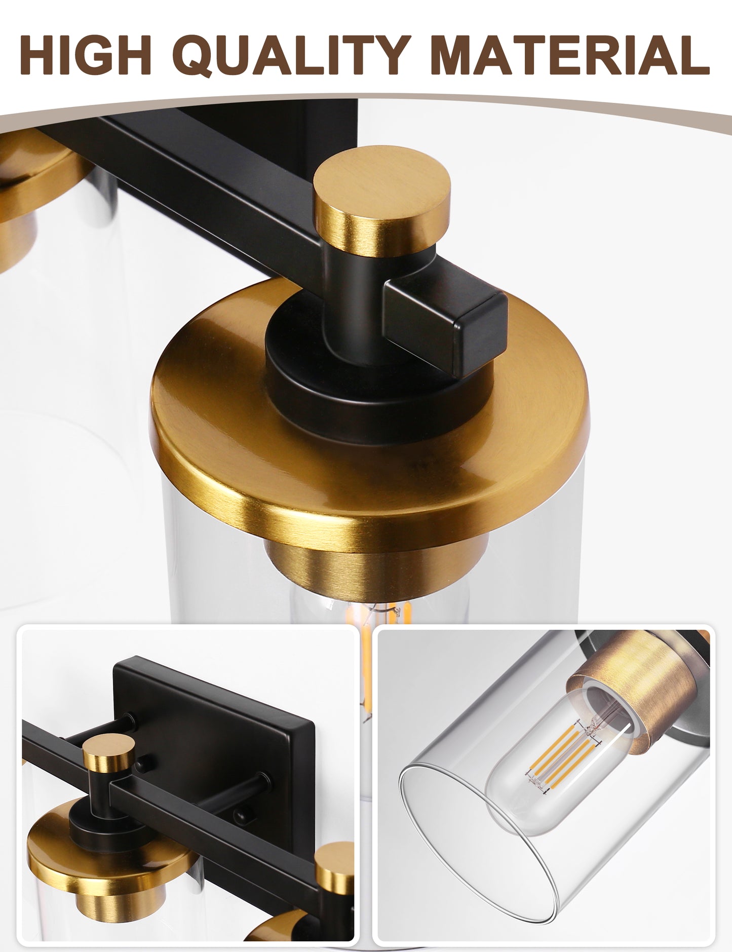 20 in. 3-Light Black and Gold Bathroom Vanity Light with Clear Glass Shades for Mirror and Vanity