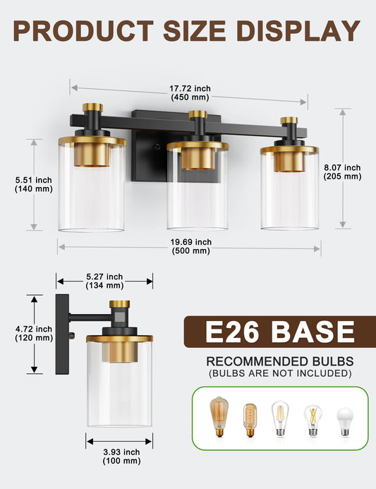 20 in. 3-Light Black and Gold Bathroom Vanity Light with Clear Glass Shades for Mirror and Vanity
