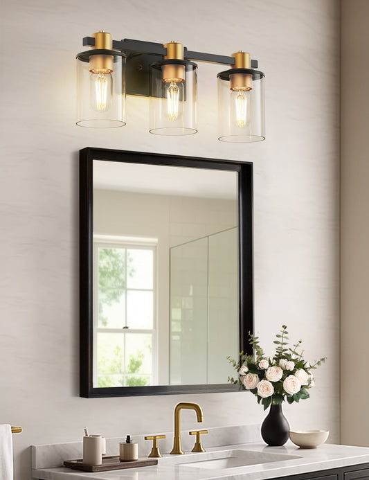 20 in. 3-Light Black Gold Bathroom Vanity Light with Clear Glass Shades for Mirror and Vanity