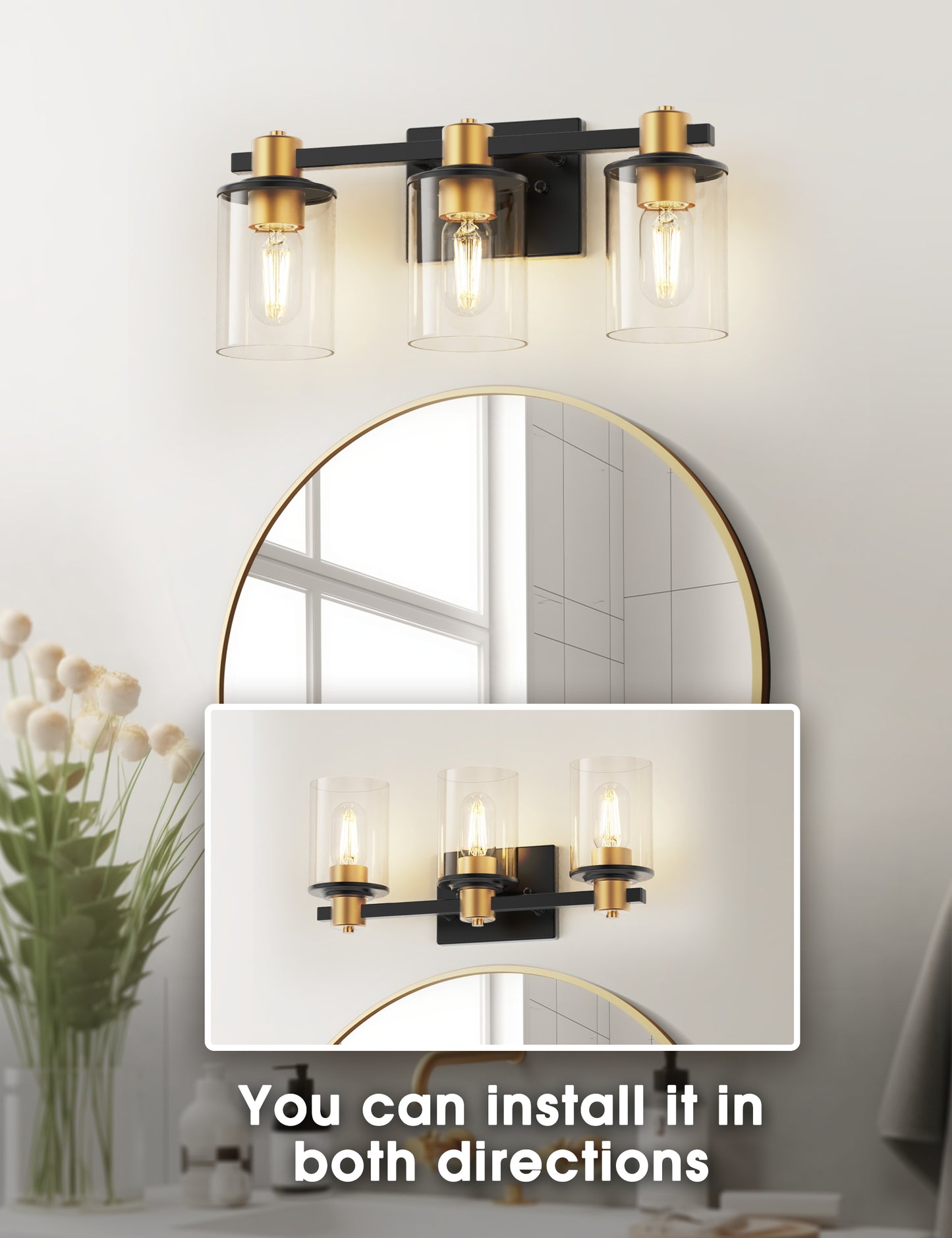 20 in. 3-Light Black Gold Bathroom Vanity Light with Clear Glass Shades for Mirror and Vanity