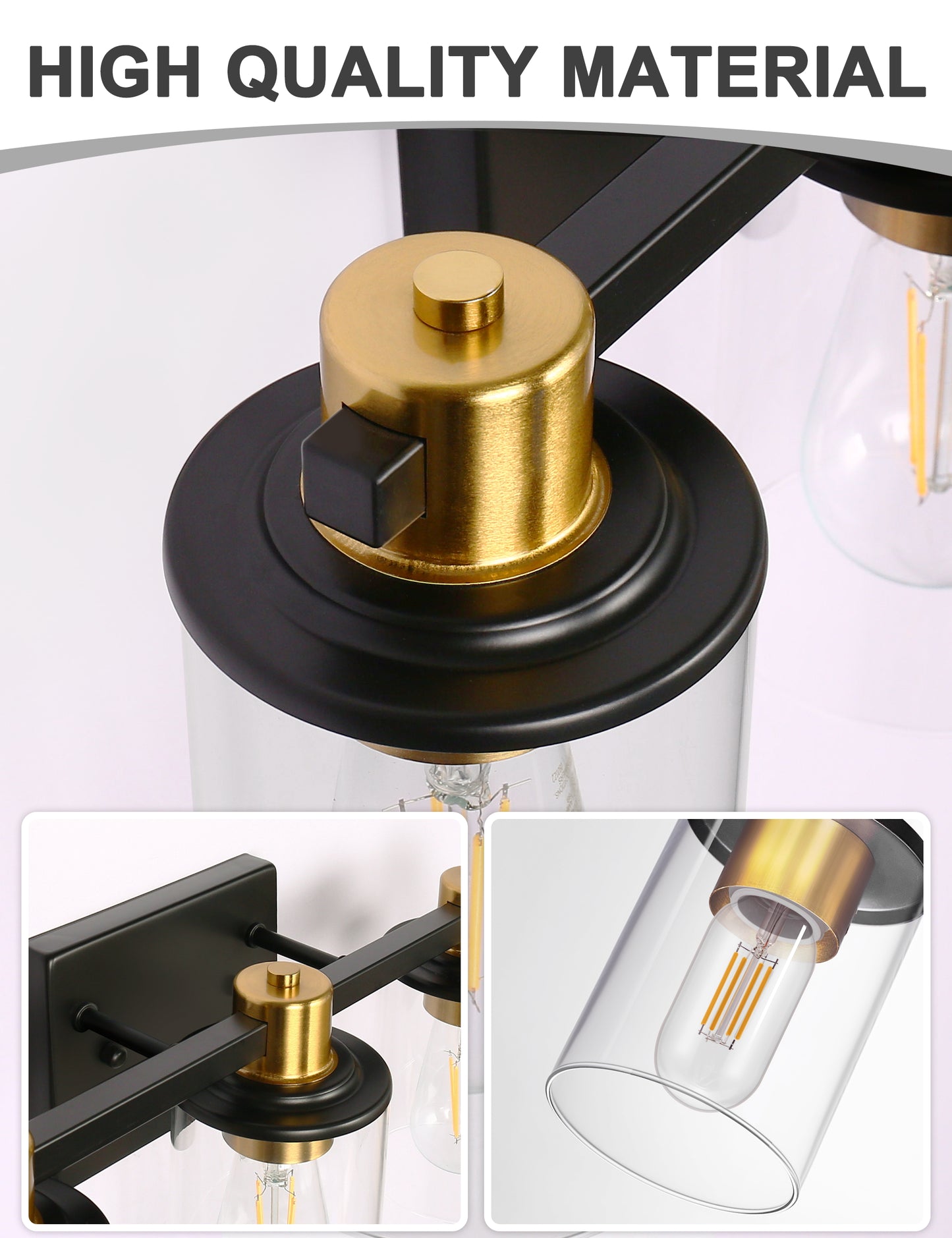 20 in. 3-Light Black Gold Bathroom Vanity Light with Clear Glass Shades for Mirror and Vanity